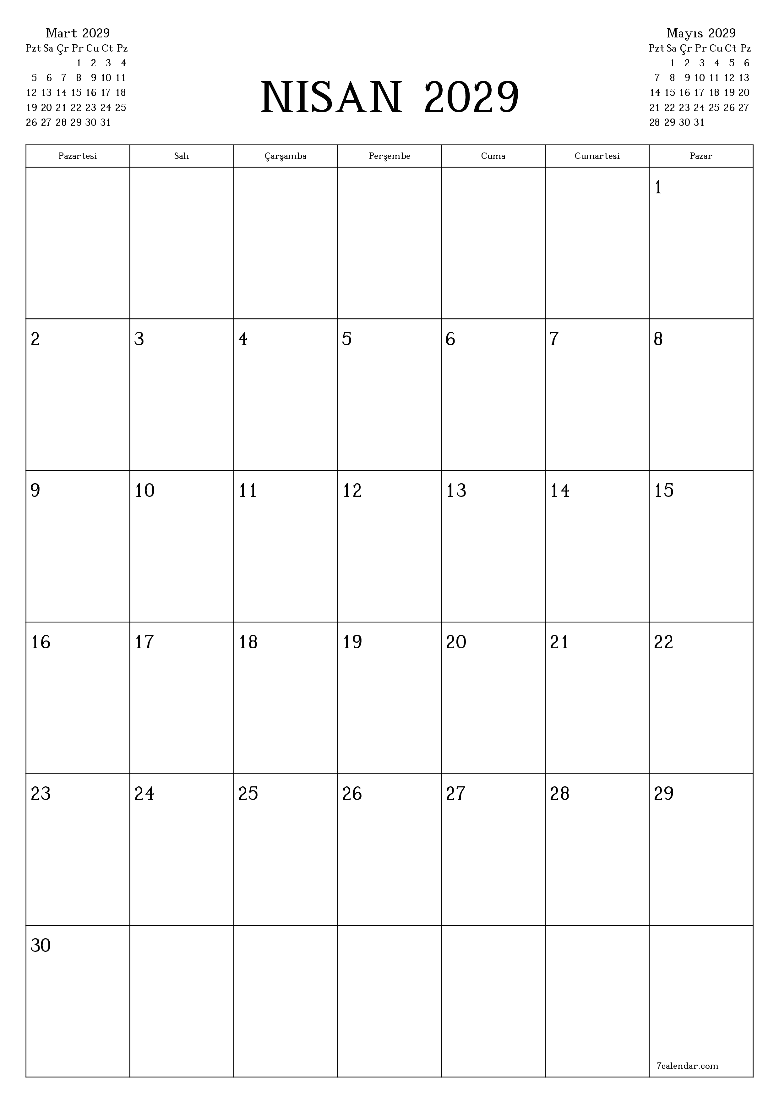 Nisan 2029 ayı için notlarla birlikte boş aylık planlayıcı, kaydedin ve PDF'ye yazdırın PNG Turkish