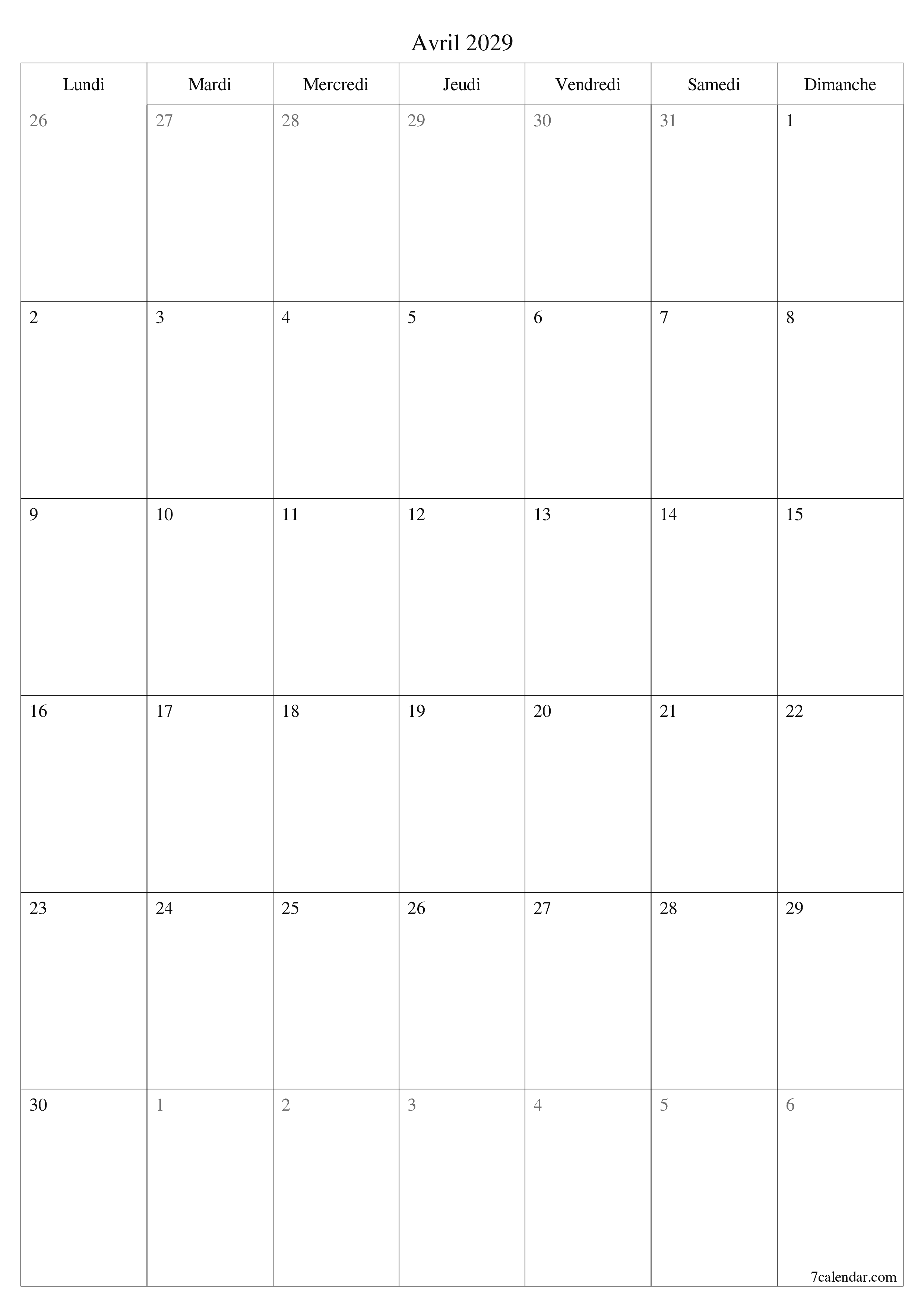  imprimable mural modèle de gratuitverticale Mensuel planificateur calendrier Avril (Avr) 2029