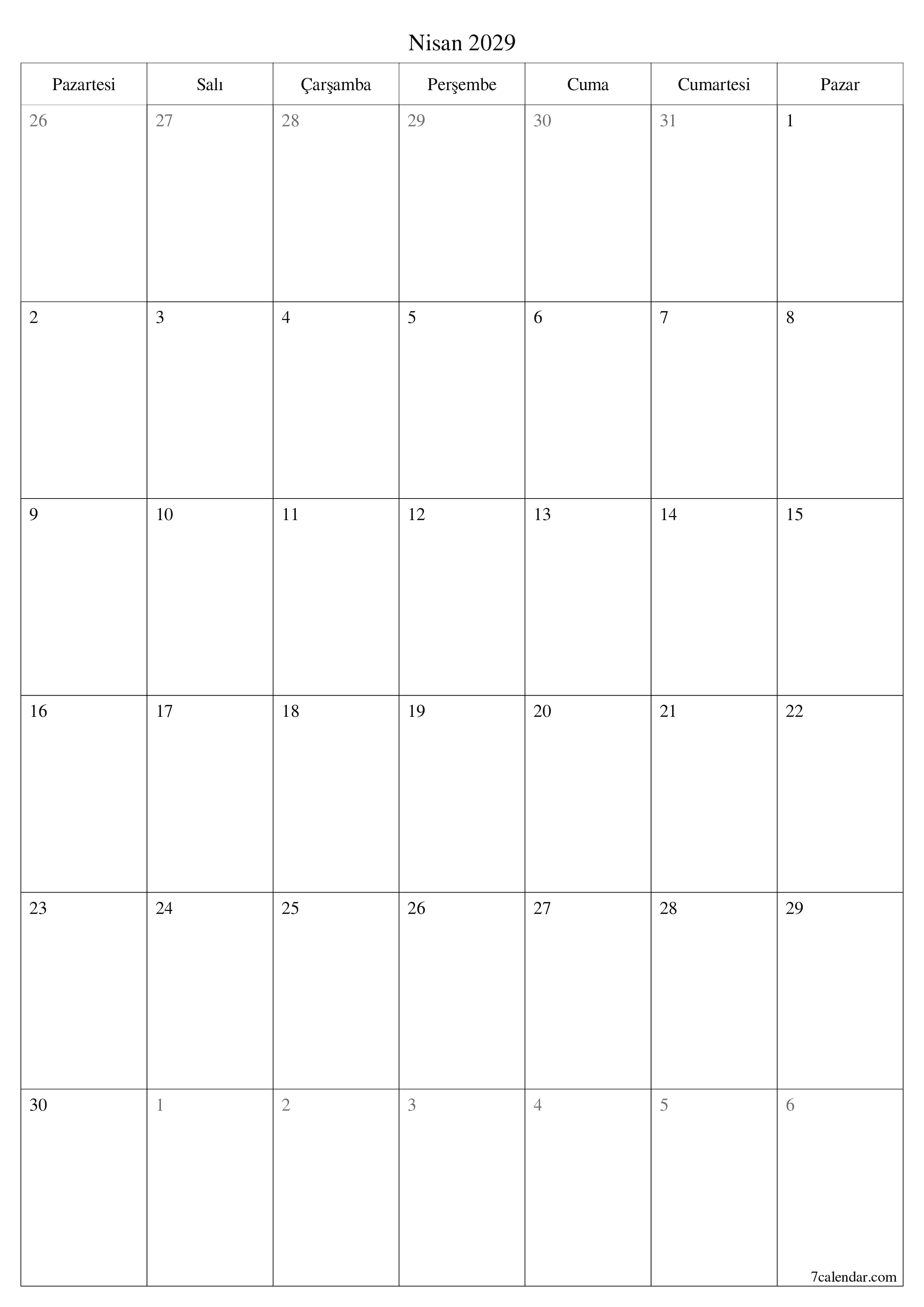 Nisan 2029 ayı için notlarla birlikte boş aylık planlayıcı, kaydedin ve PDF'ye yazdırın PNG Turkish