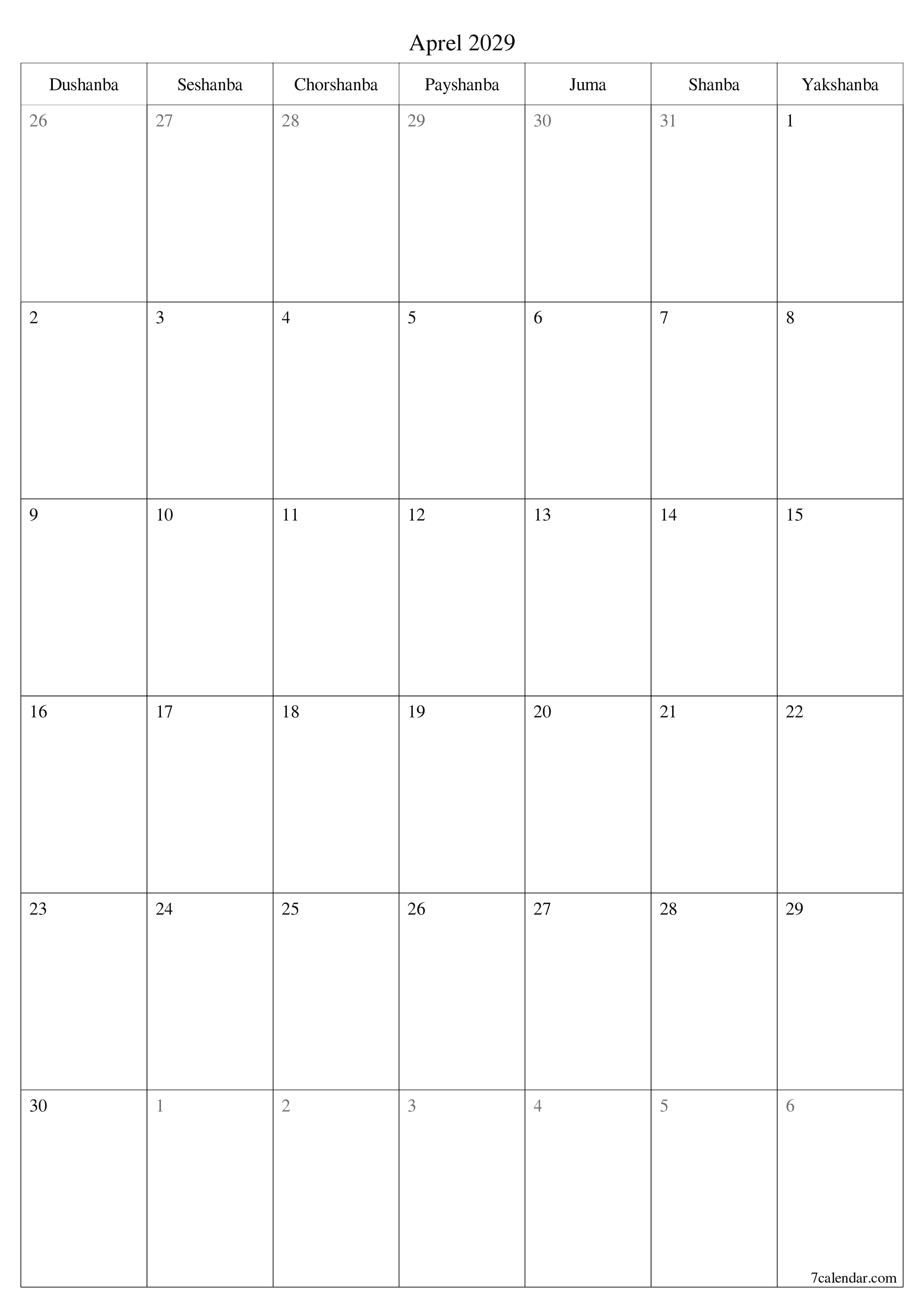 chop etiladigan devor taqvimi shabloni bepul vertikal Oylik rejalashtiruvchi kalendar Aprel (Apr) 2029