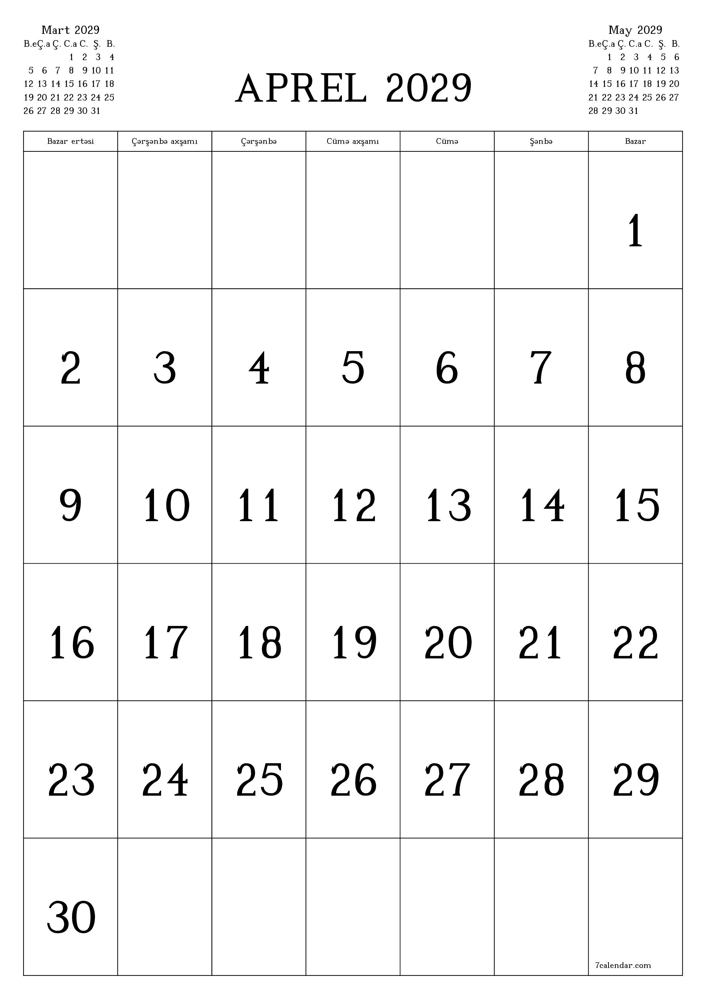 çap edilə bilən divar i şablonu pulsuz şaquli Aylıq təqvim Aprel (Apr) 2029