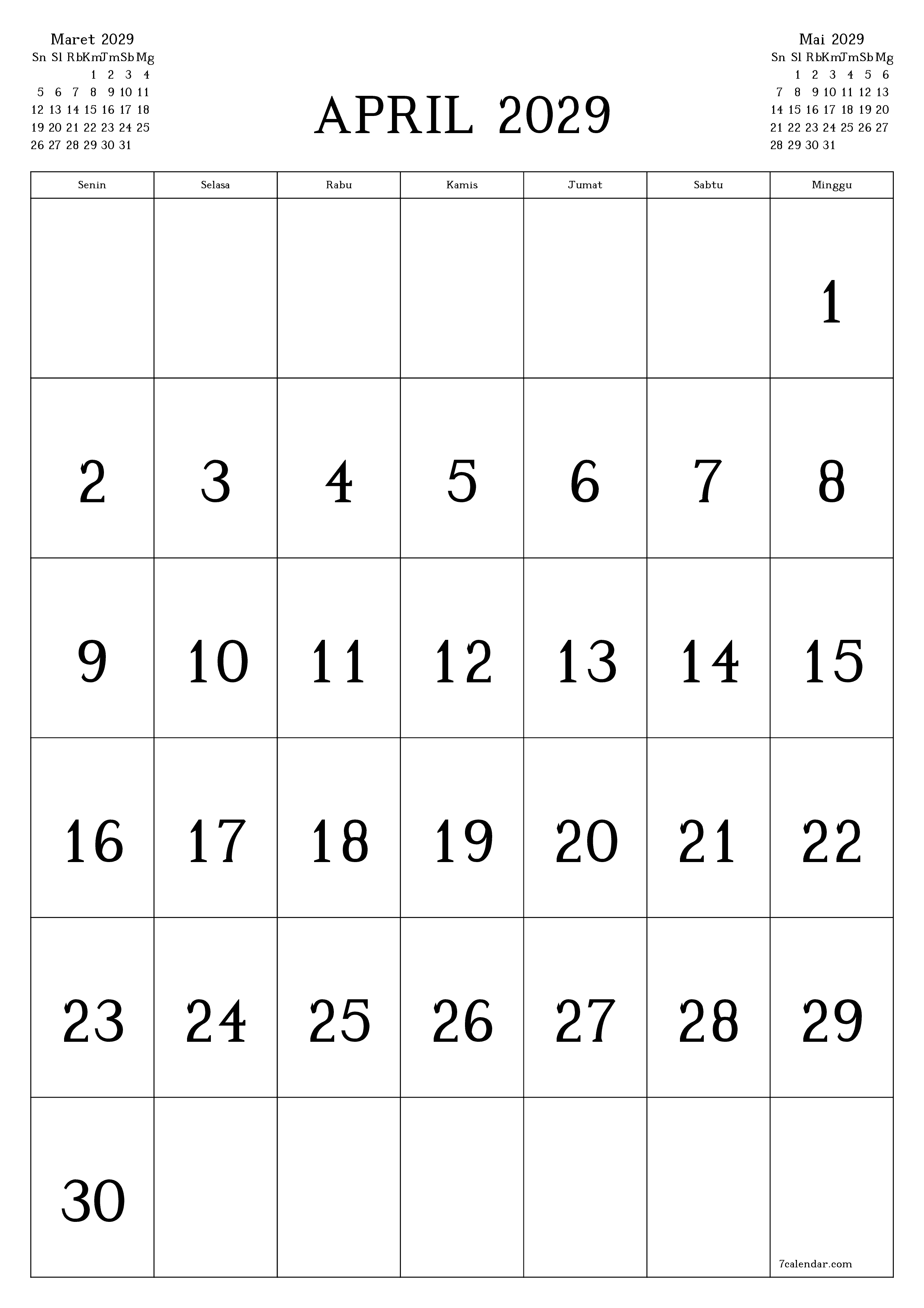  yang dapat dicetak dinding templat gratisvertikal Bulanan kalender April (Apr) 2029