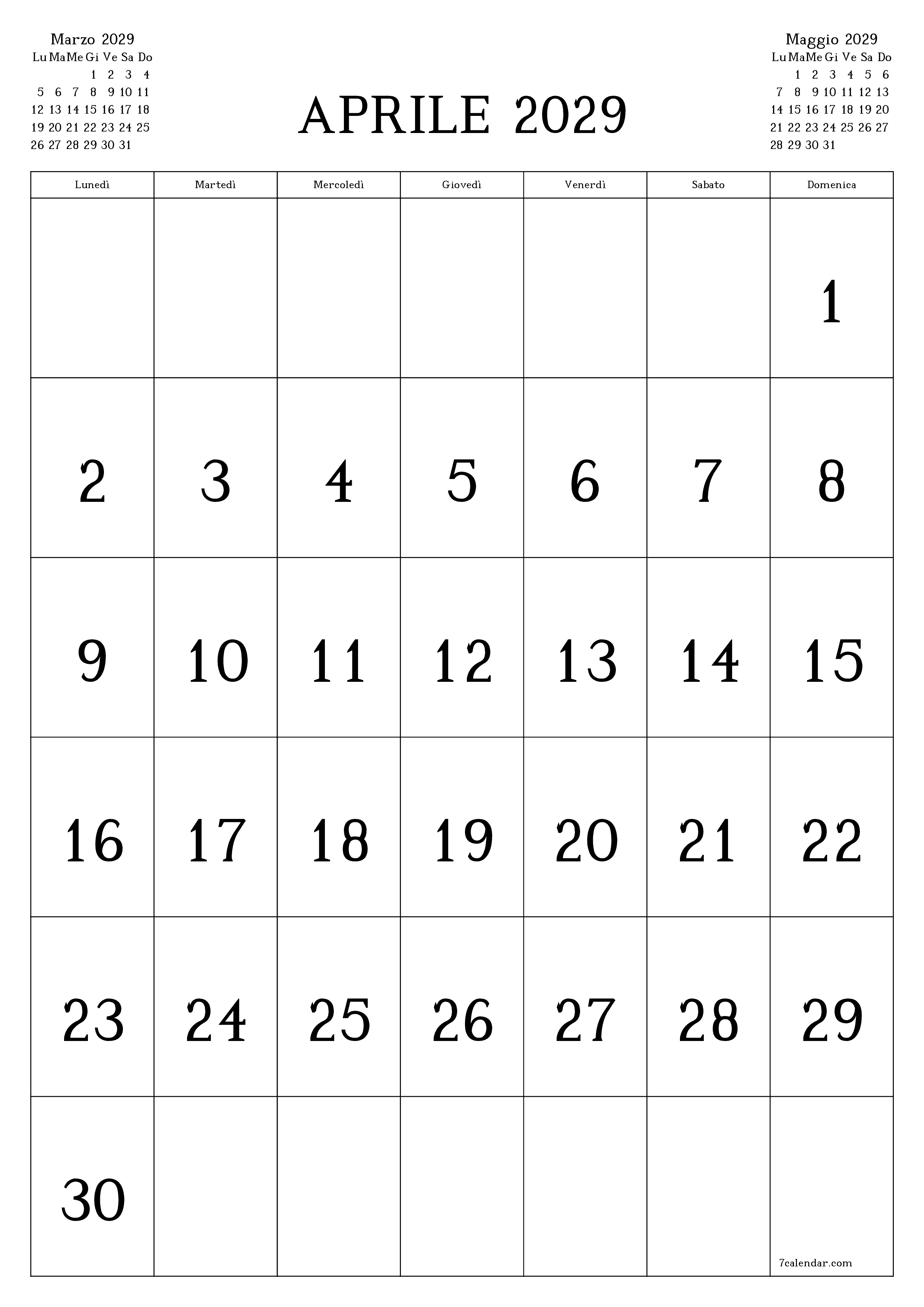 stampabile da parete modello di gratuitoverticale Mensile calendario Aprile (Apr) 2029
