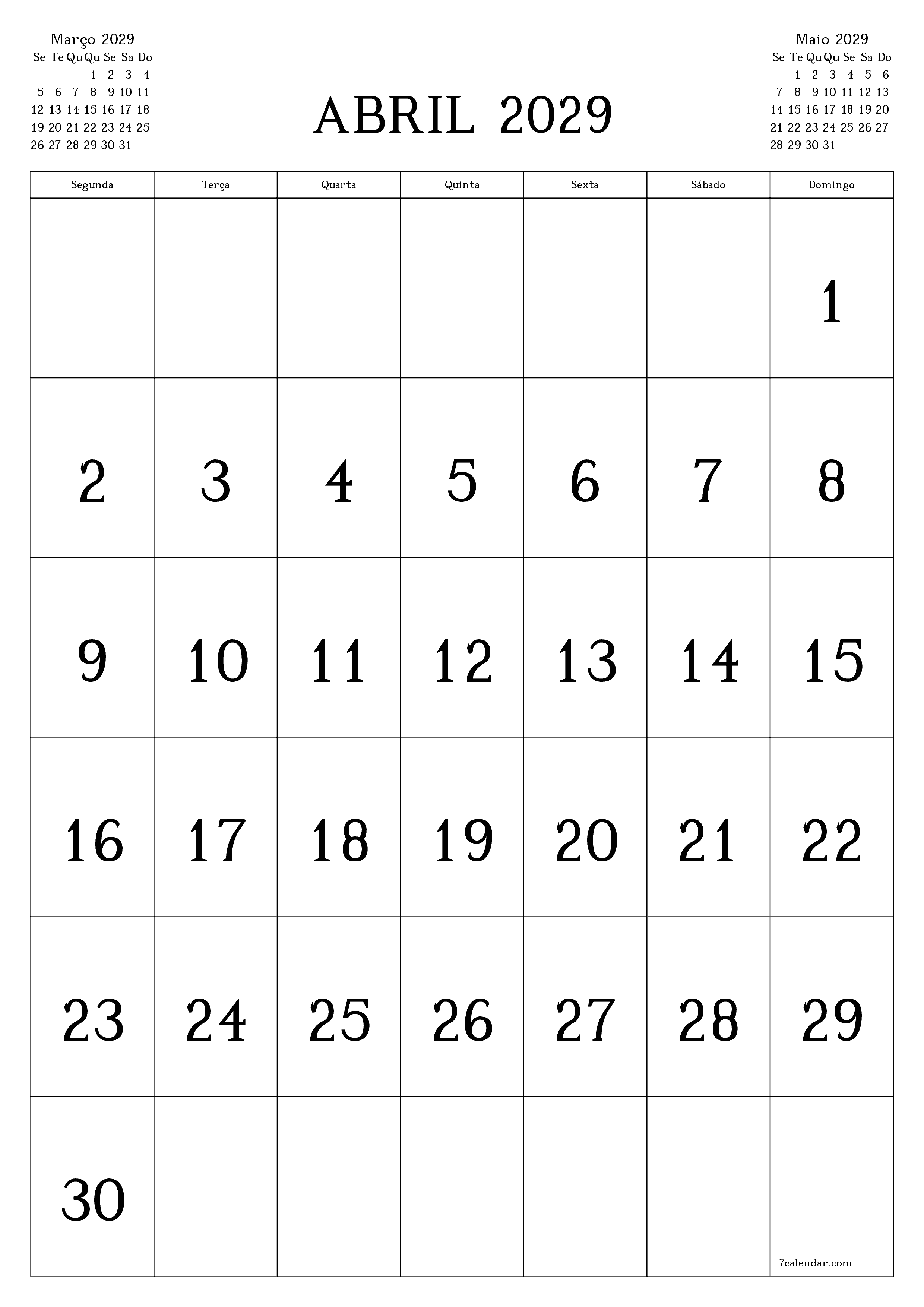  para impressão de parede modelo de grátisvertical Mensal calendário Abril (Abr) 2029