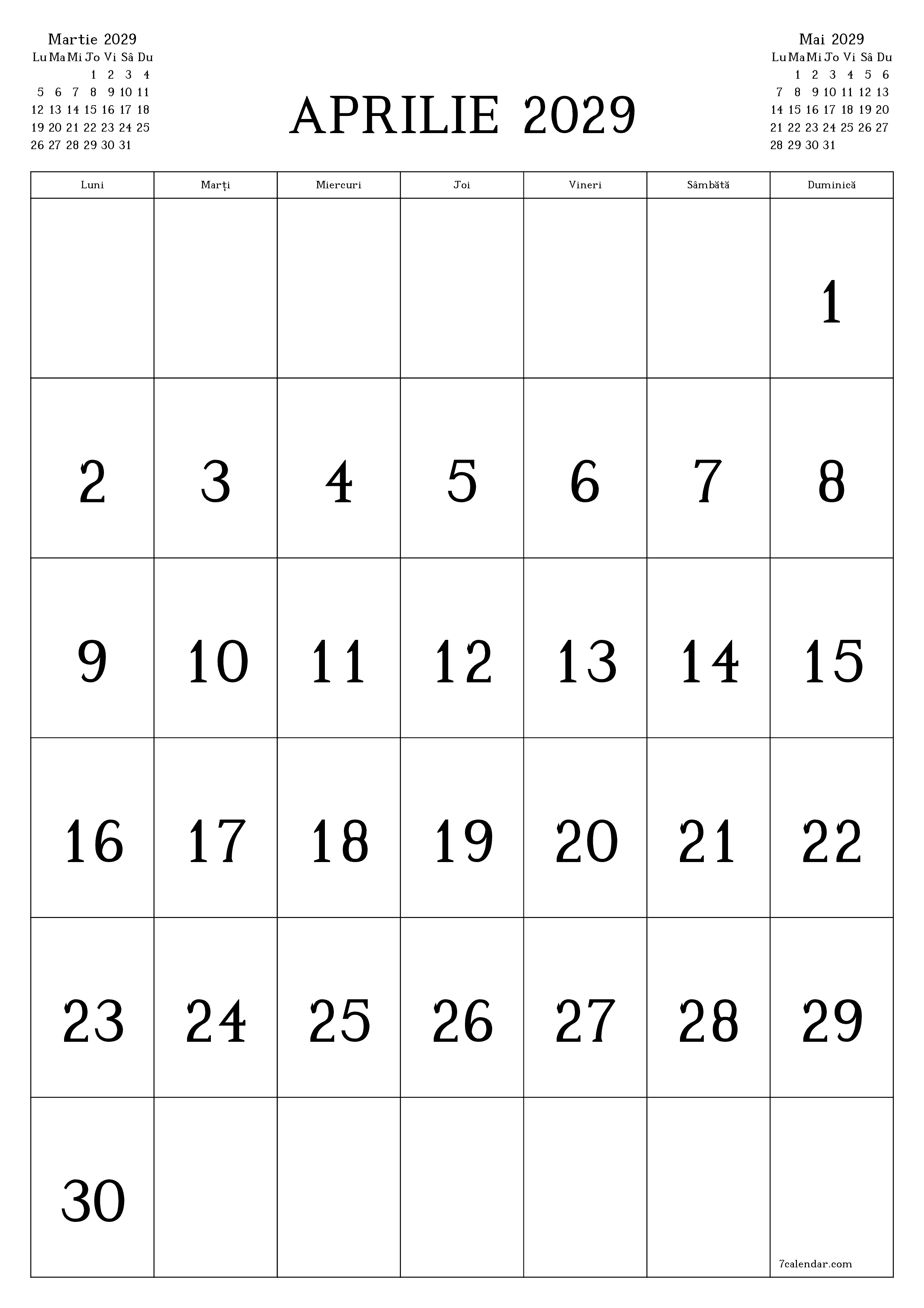  imprimabil de perete șablon de gratuitvertical Lunar calendar Aprilie (Apr) 2029