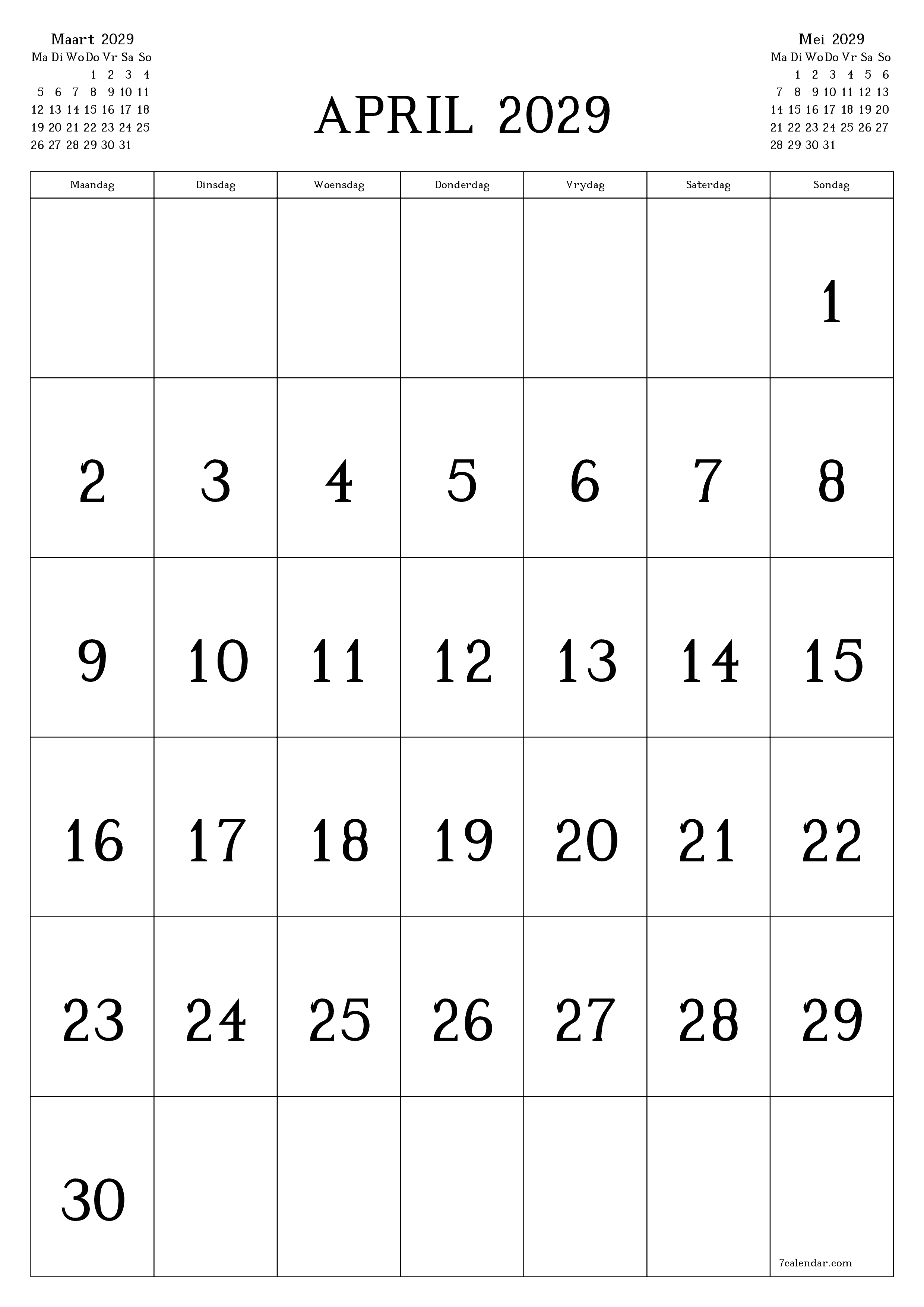 Leë maandelikse drukbare kalender en beplanner vir maand April 2029 met notas stoor en druk na PDF PNG Afrikaans