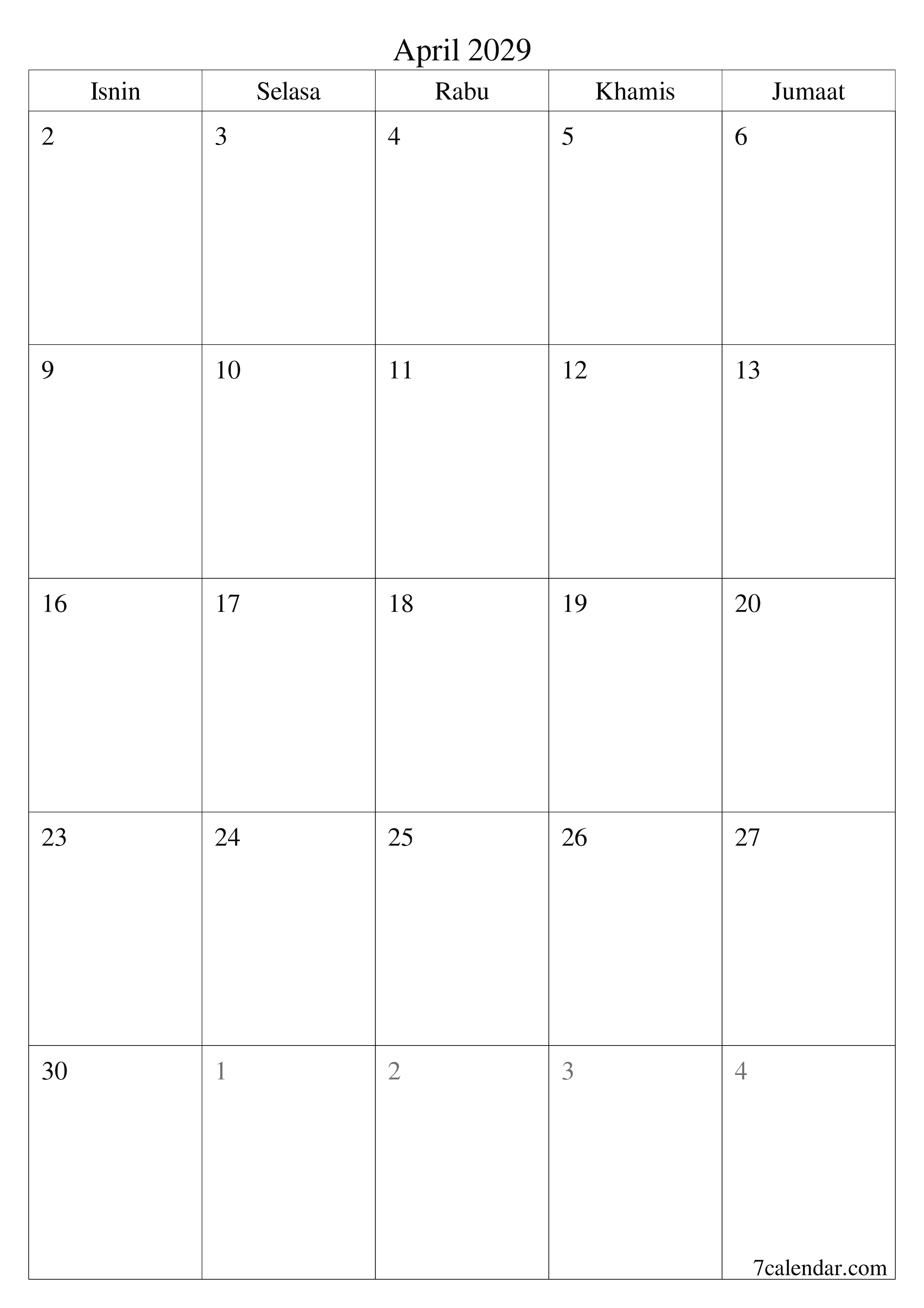 Perancang bulanan kosong untuk bulan April 2029 dengan nota, simpan dan cetak ke PDF PNG Malay