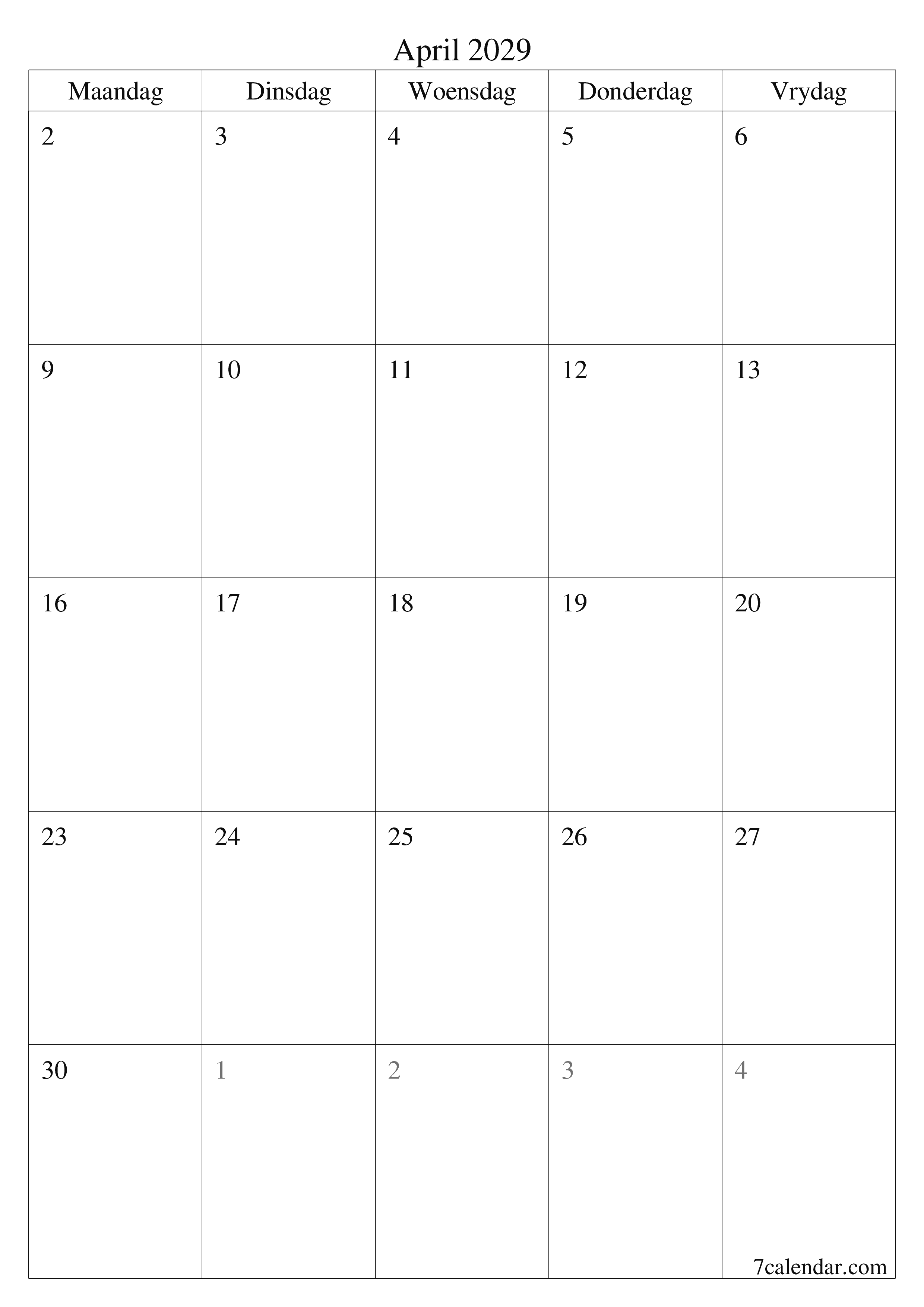 drukbare muur template gratis vertikaal Maandeliks beplanner kalender April (Apr) 2029
