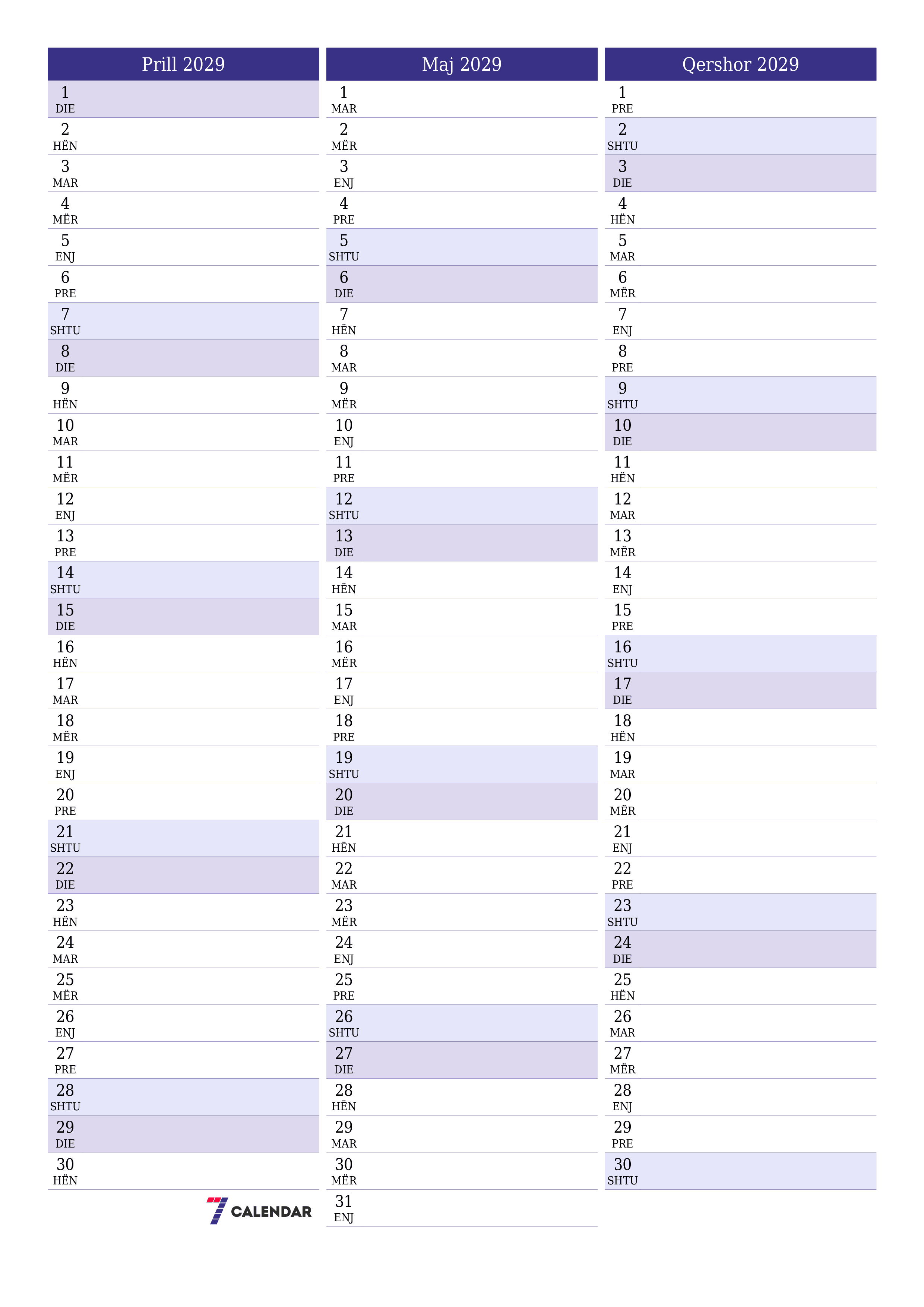 Planifikuesi i zbrazët i kalendarit mujor për muajin Prill 2029 me shënime të ruajtura dhe të printuara në PDF PNG Albanian