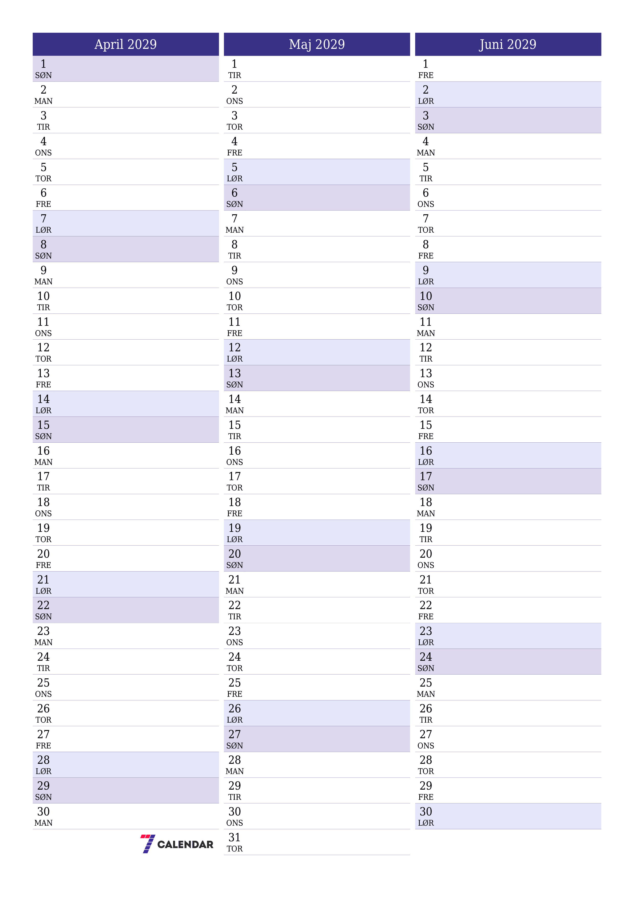 Tom månedlig planlægning for måned April 2029 med noter, gem og udskriv til PDF PNG Danish