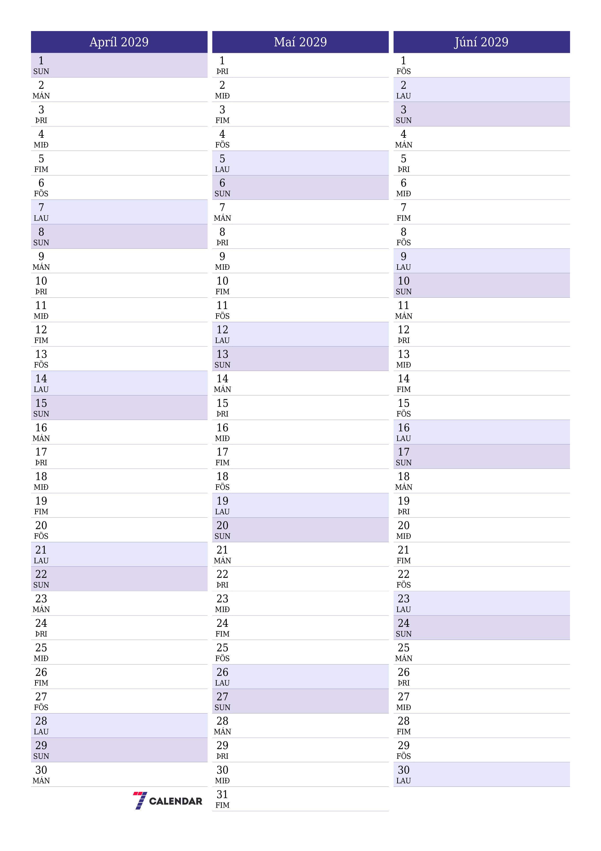 Tómur mánaðarlegur skipuleggjandi fyrir mánuðinn Apríl 2029 með athugasemdum, vista og prenta á PDF PNG Icelandic