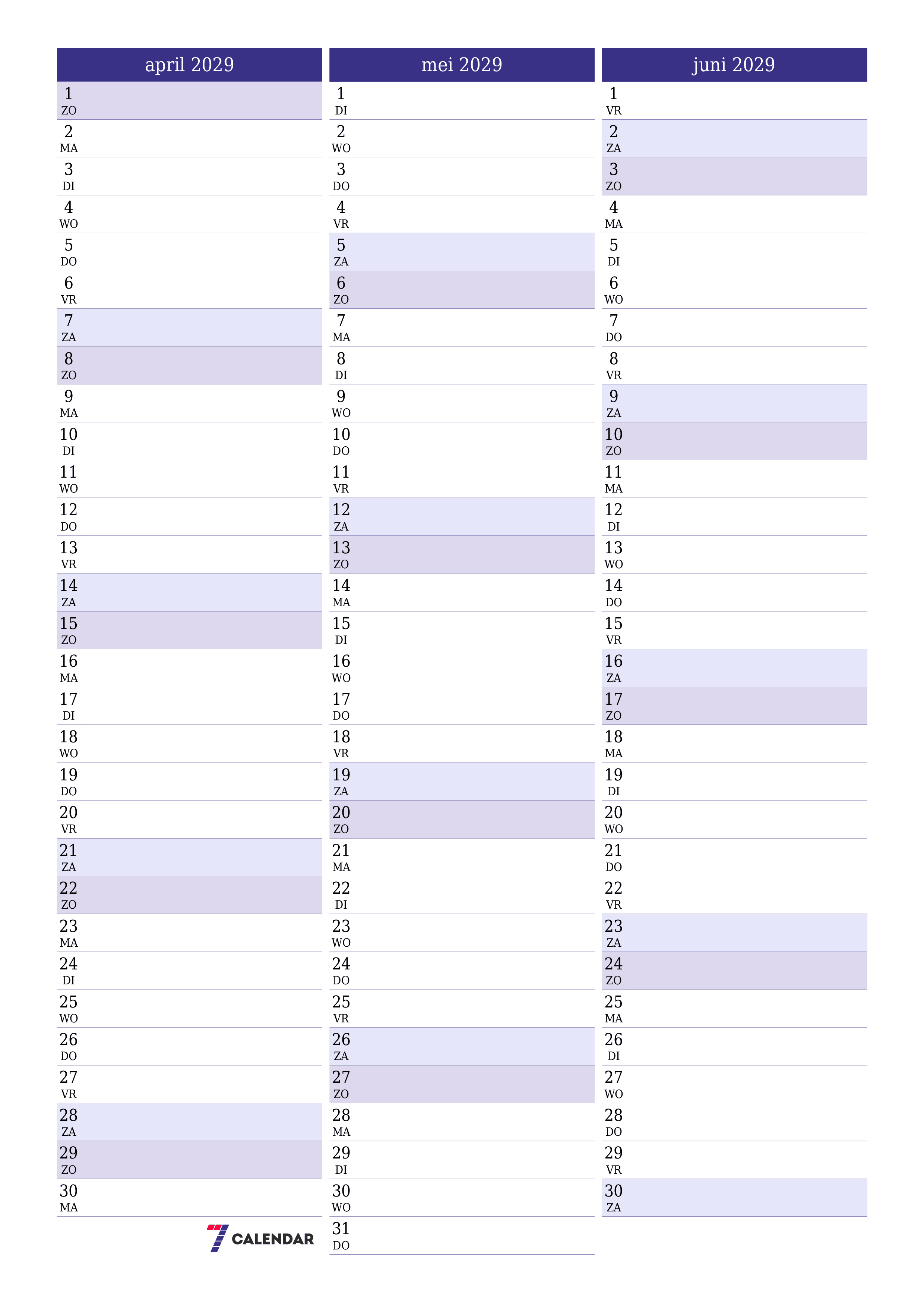 Lege maandplanner voor maand april 2029 met notities, opslaan en afdrukken naar pdf PNG Dutch