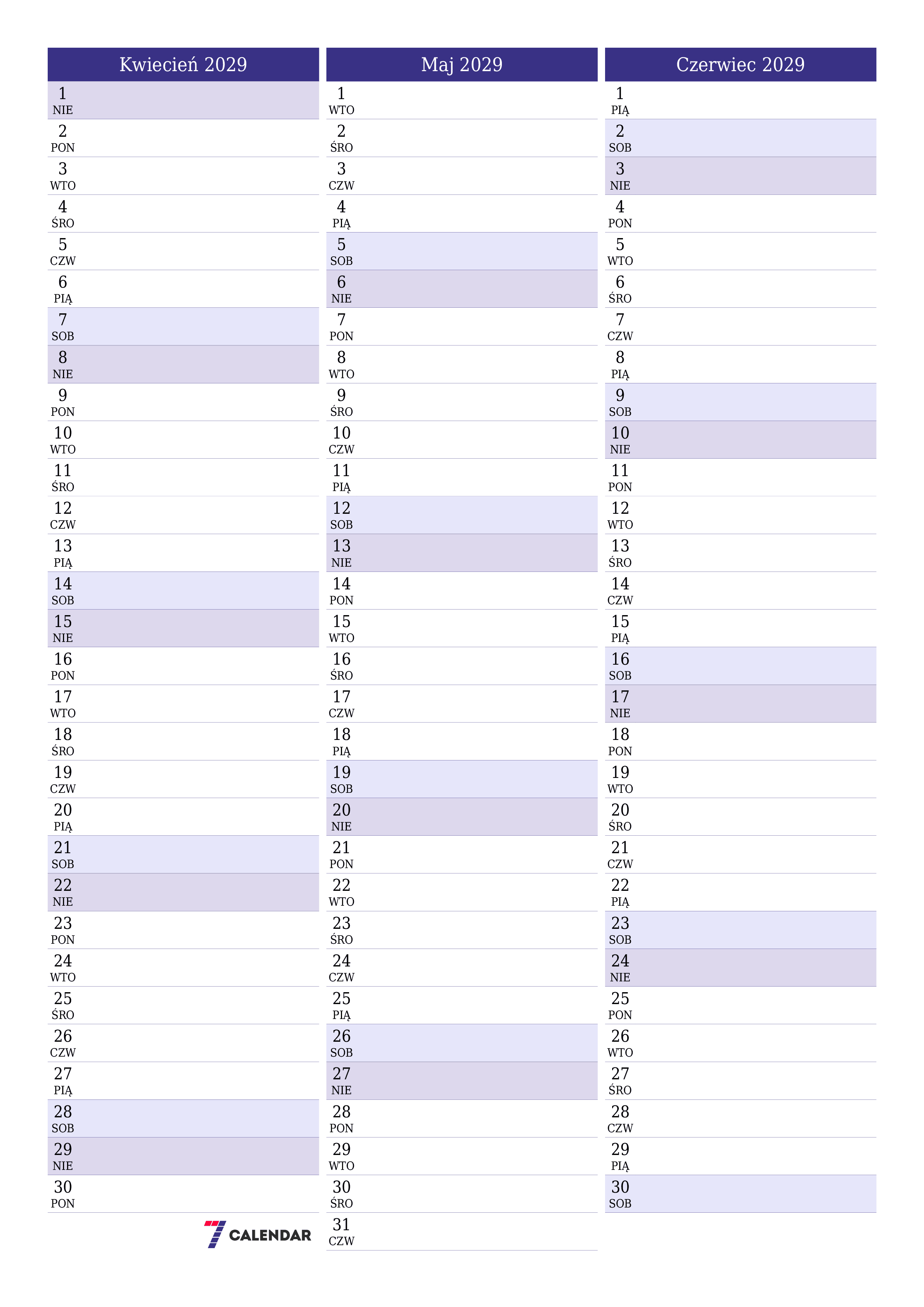 Opróżnij miesięczny planer na miesiąc Kwiecień 2029 z notatkami, zapisz i wydrukuj w formacie PDF PNG Polish