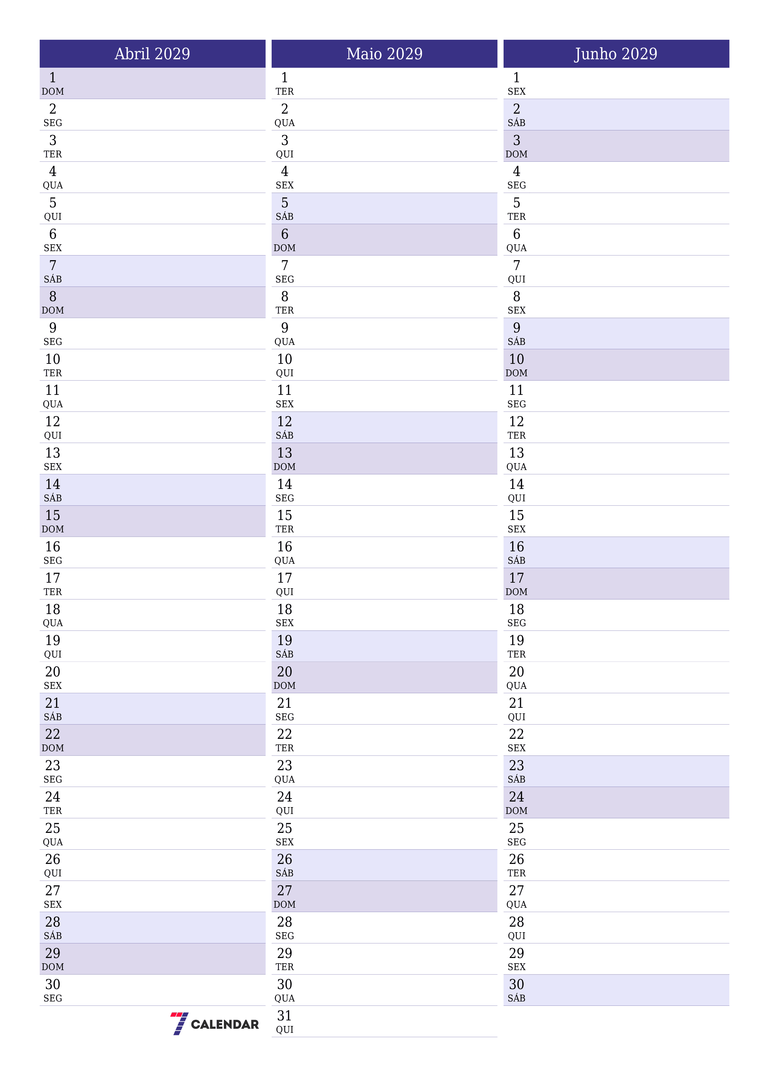 Esvazie o planejador mensal para o mês Abril 2029 com notas, salve e imprima em PDF PNG Portuguese