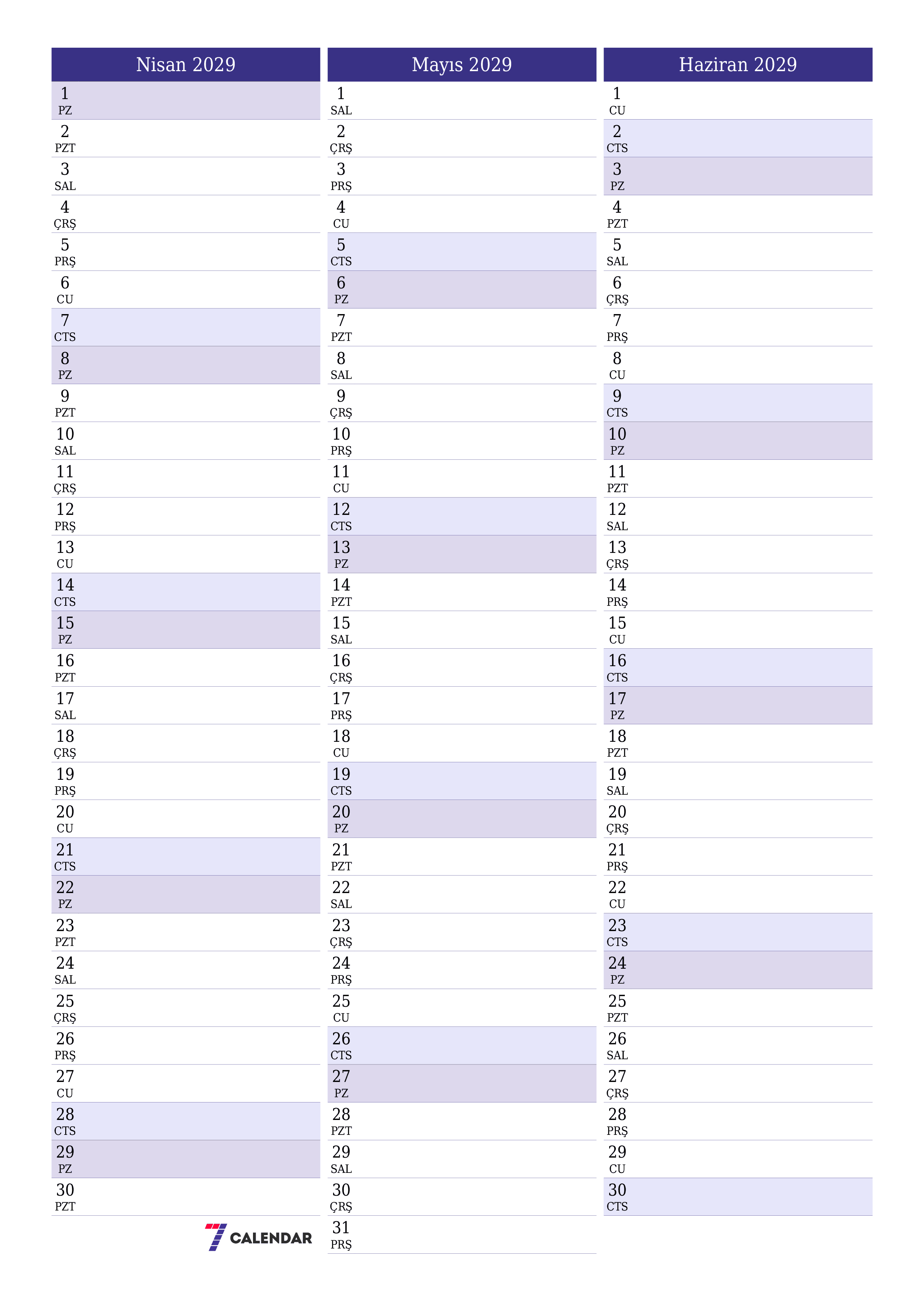 Nisan 2029 ayı için notlarla birlikte boş aylık planlayıcı, kaydedin ve PDF'ye yazdırın PNG Turkish