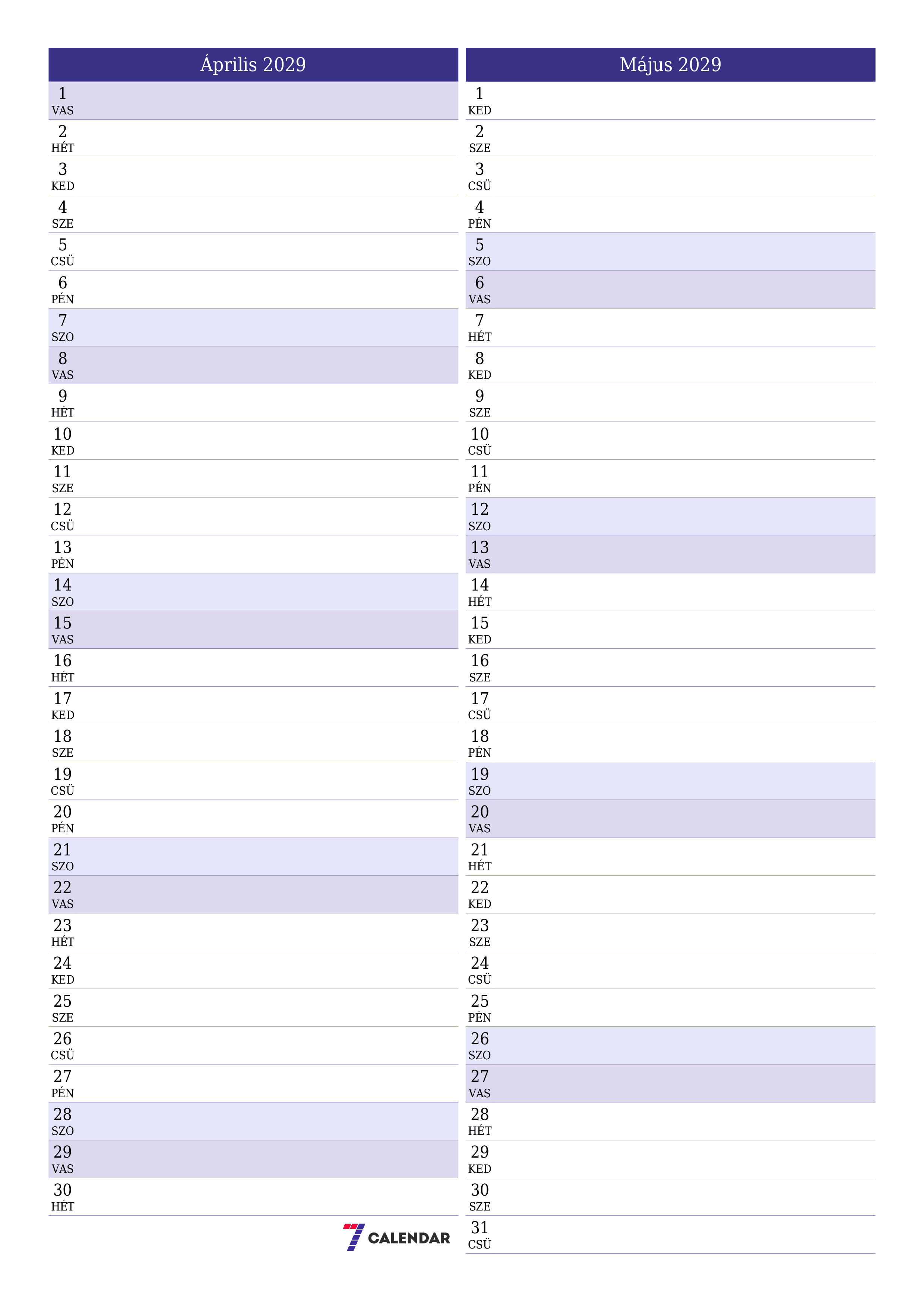 Üres havi tervező a Április 2029 hónapra jegyzetekkel, mentés és nyomtatás PDF-be PNG Hungarian