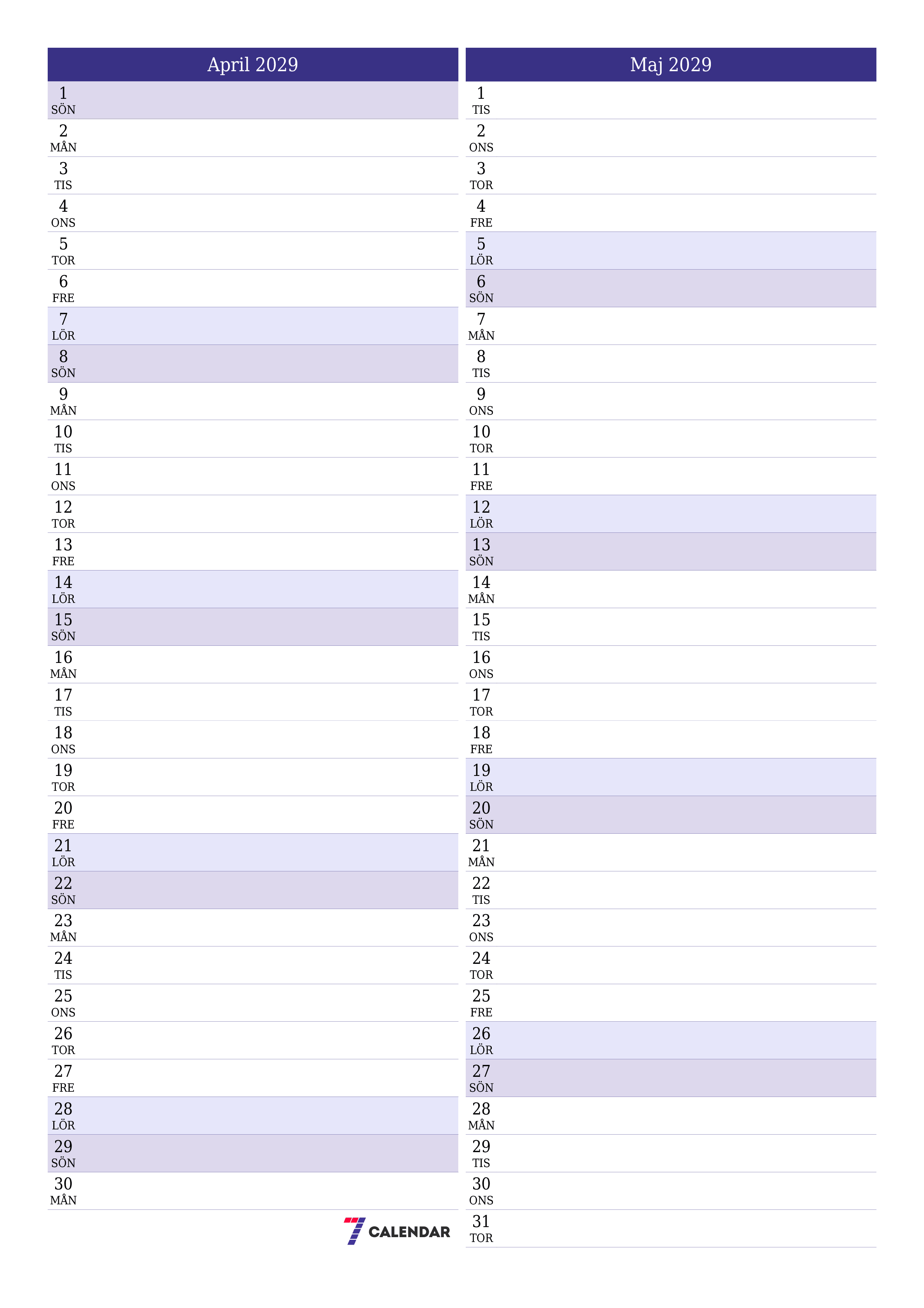 Tom månadsplanerare för månad April 2029 med anteckningar, spara och skriv ut till PDF PNG Swedish