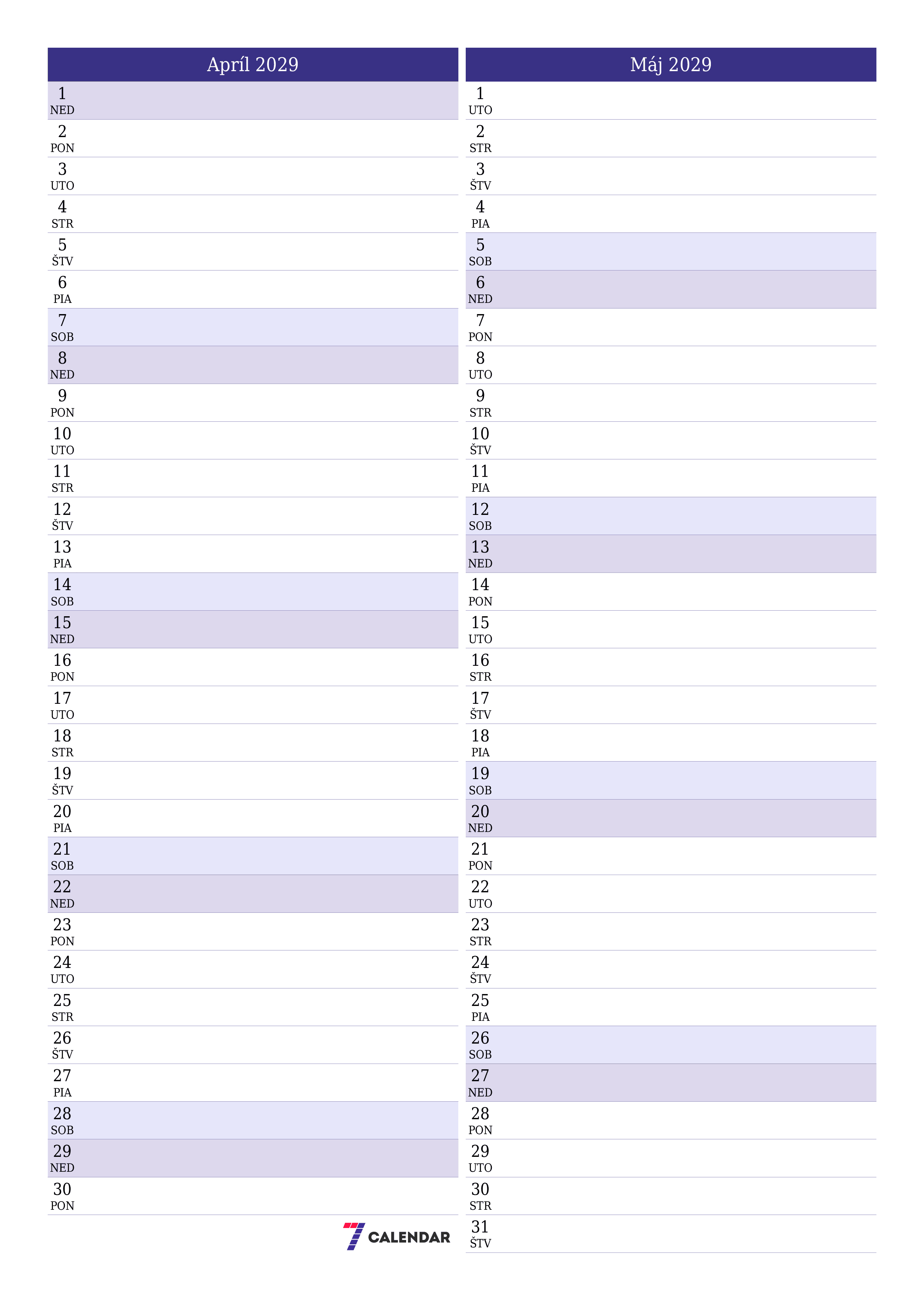 Prázdny mesačný plánovač na mesiac Apríl 2029 s poznámkami, uloženie a tlač do PDF PNG Slovak