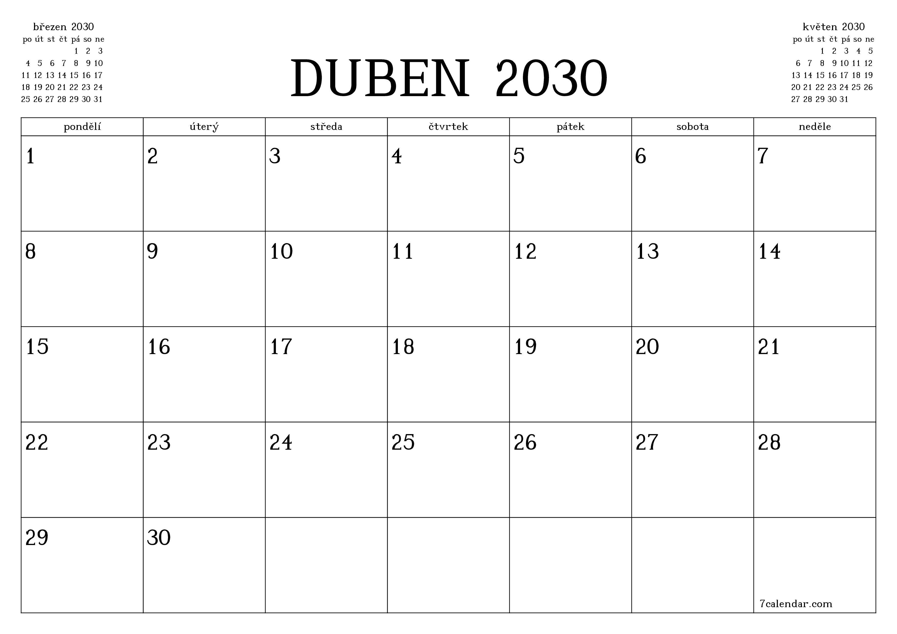 Vyprázdnit měsíční plánovač na měsíc duben 2030 s poznámkami, uložit a vytisknout do PDF PNG Czech