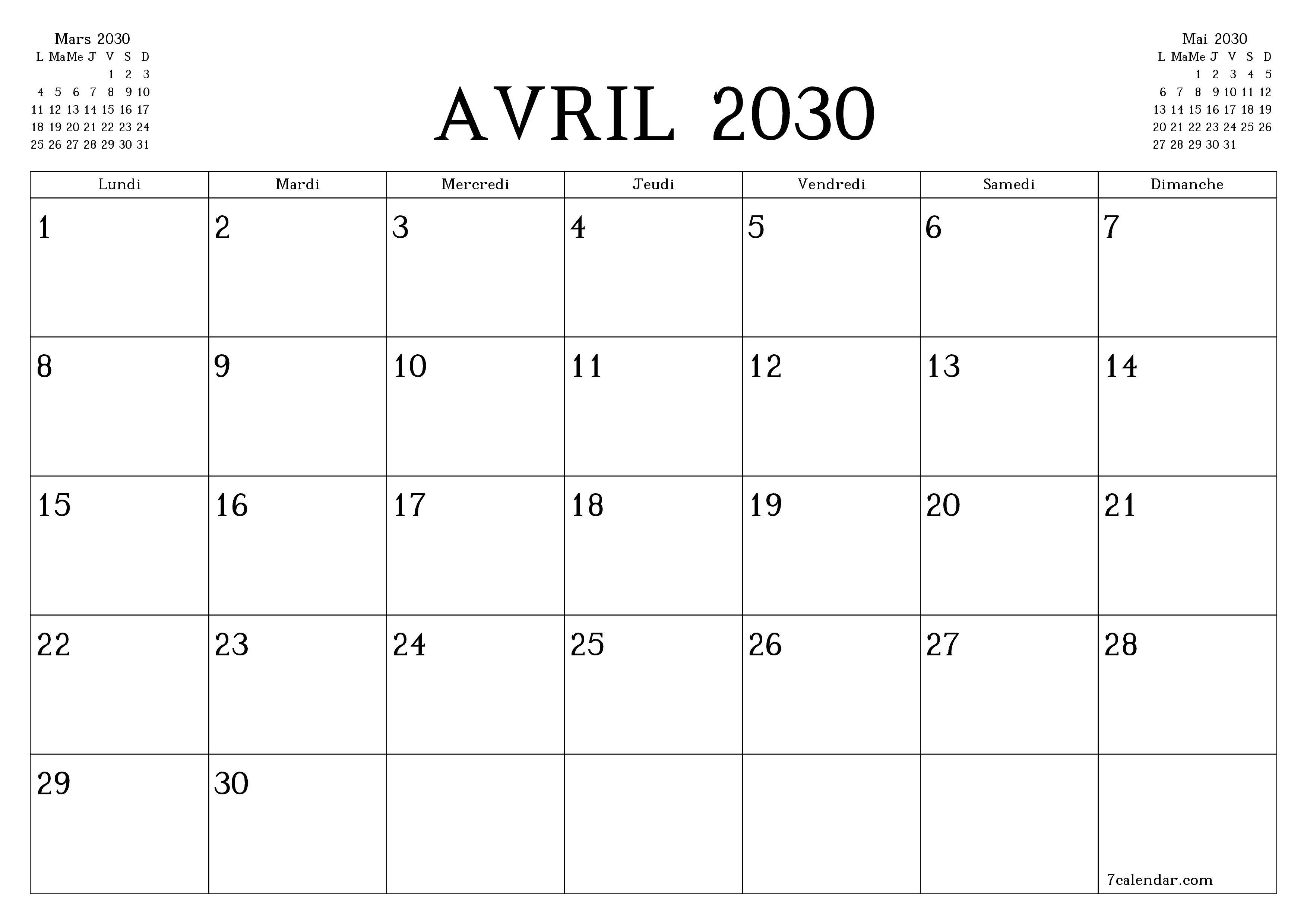Agenda mensuel vide pour le mois Avril 2030 avec notes, enregistrez et imprimez au format PDF PNG French