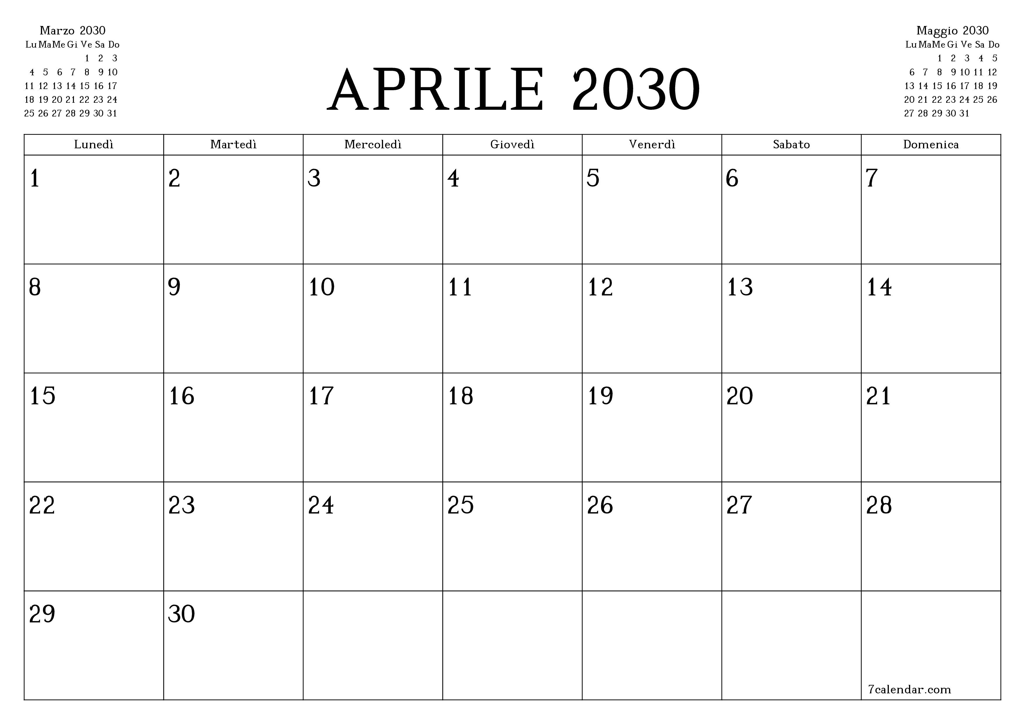 Pianificatore mensile vuoto per il mese Aprile 2030 con note, salva e stampa in PDF PNG Italian