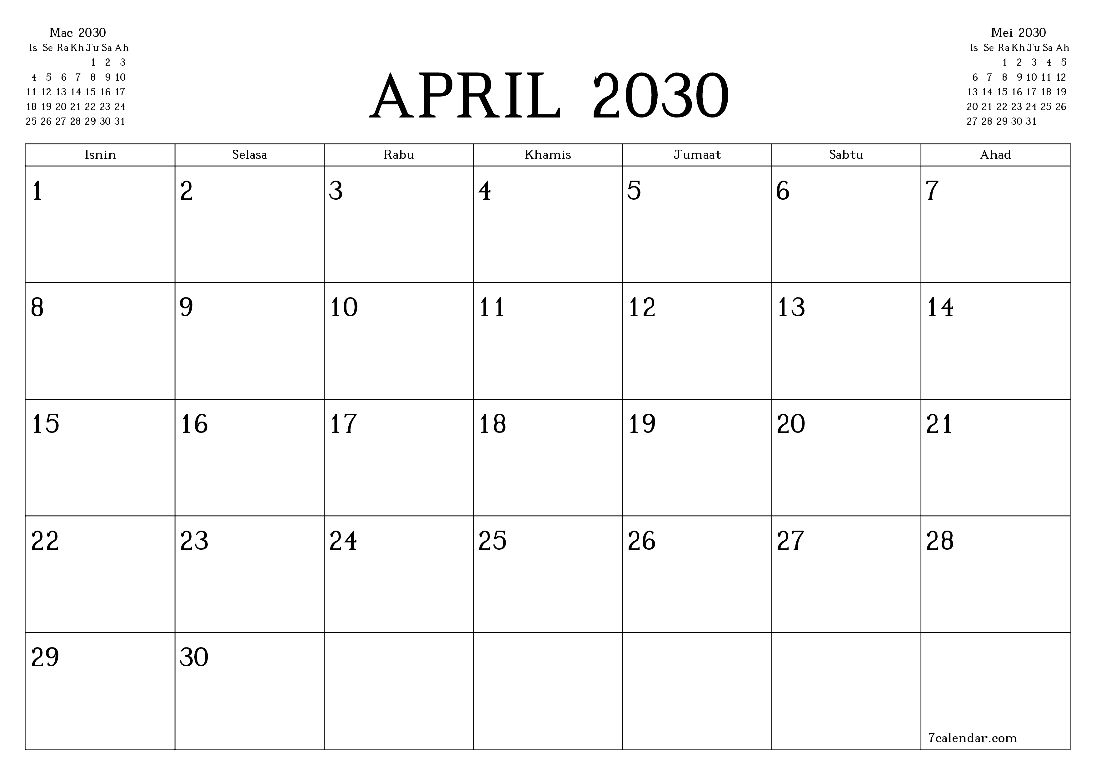 Perancang bulanan kosong untuk bulan April 2030 dengan nota, simpan dan cetak ke PDF PNG Malay