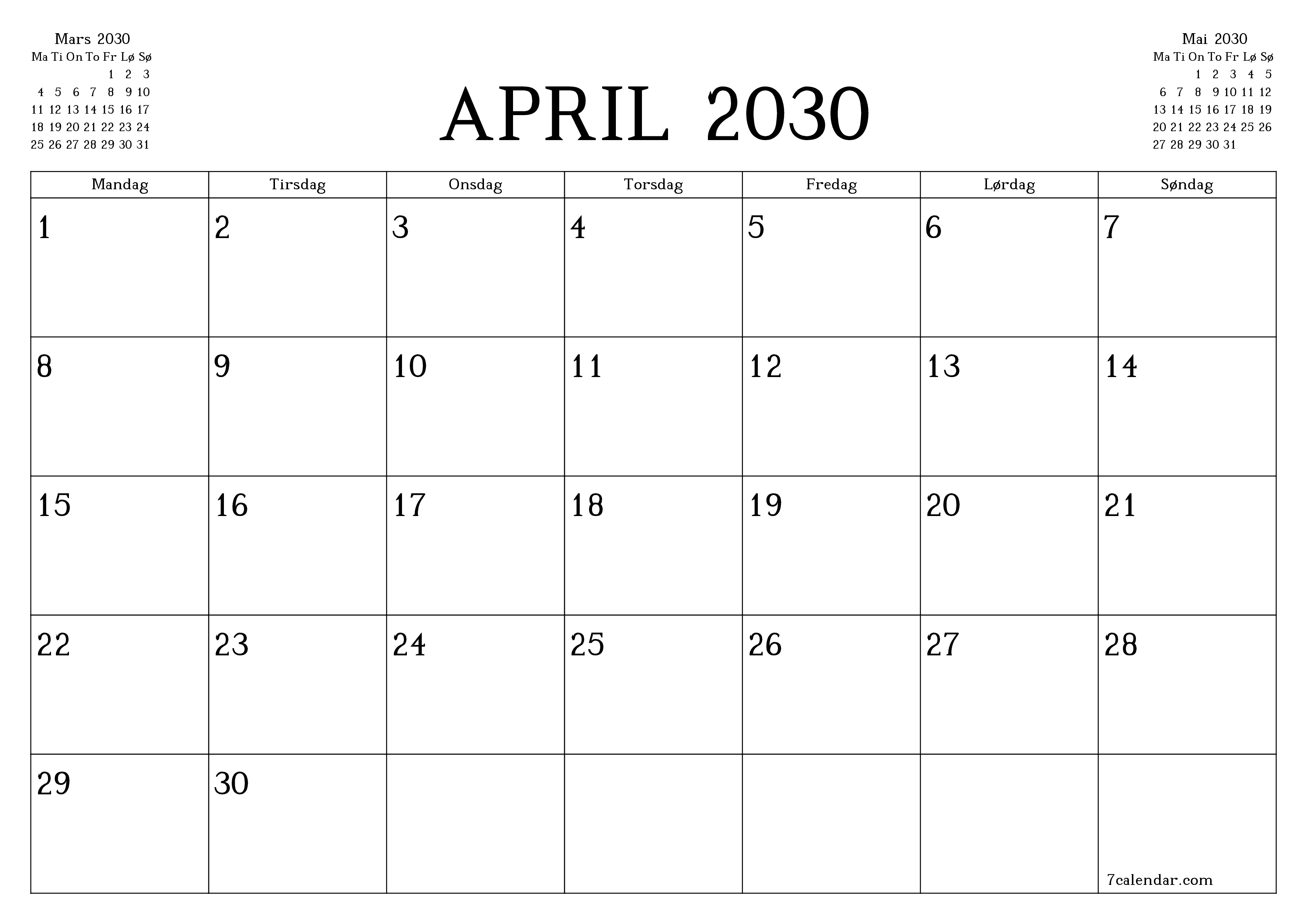 Tom månedlig planlegger for måned April 2030 med notater, lagre og skriv ut til PDF PNG Norwegian