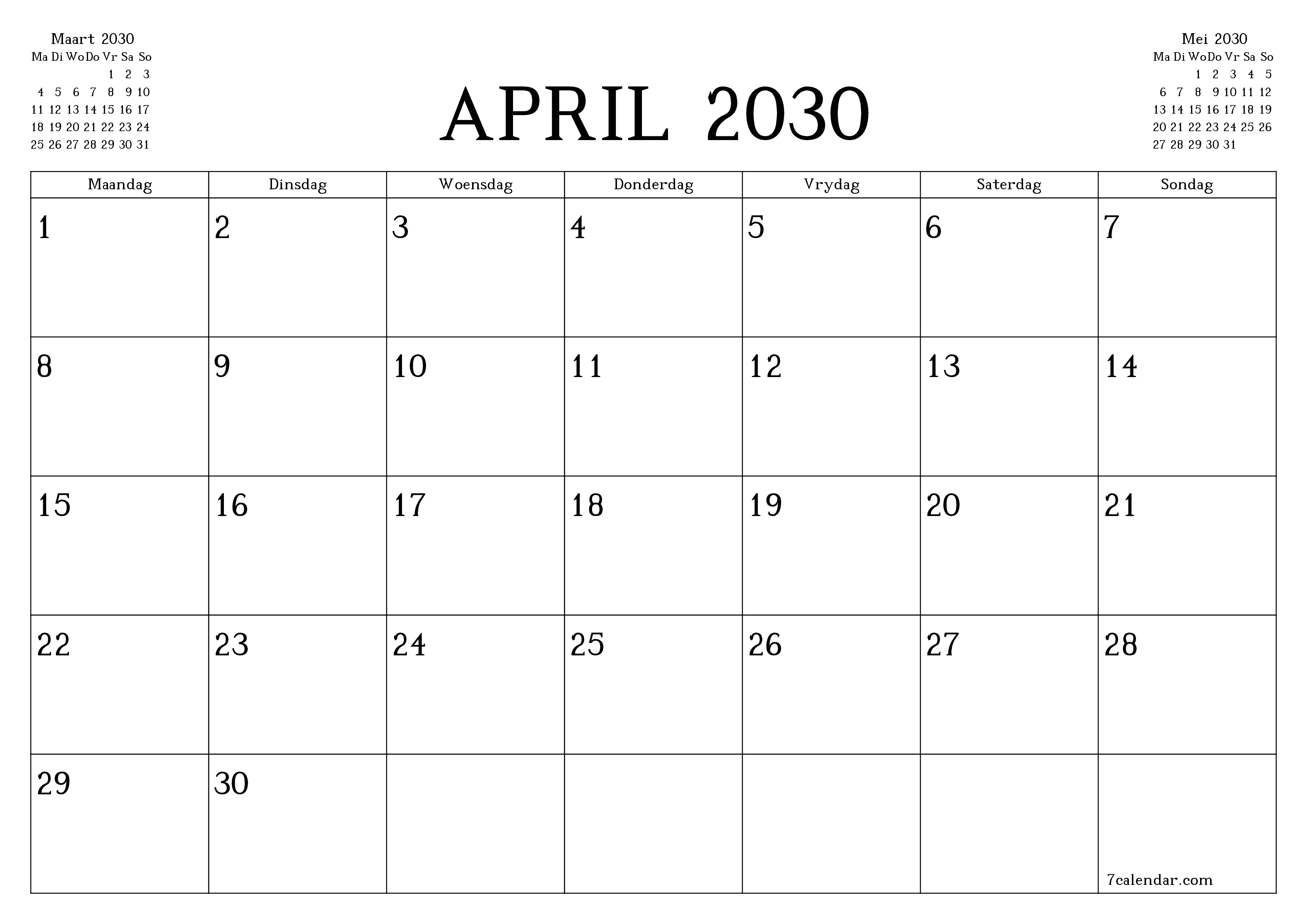 Leë maandelikse drukbare kalender en beplanner vir maand April 2030 met notas stoor en druk na PDF PNG Afrikaans