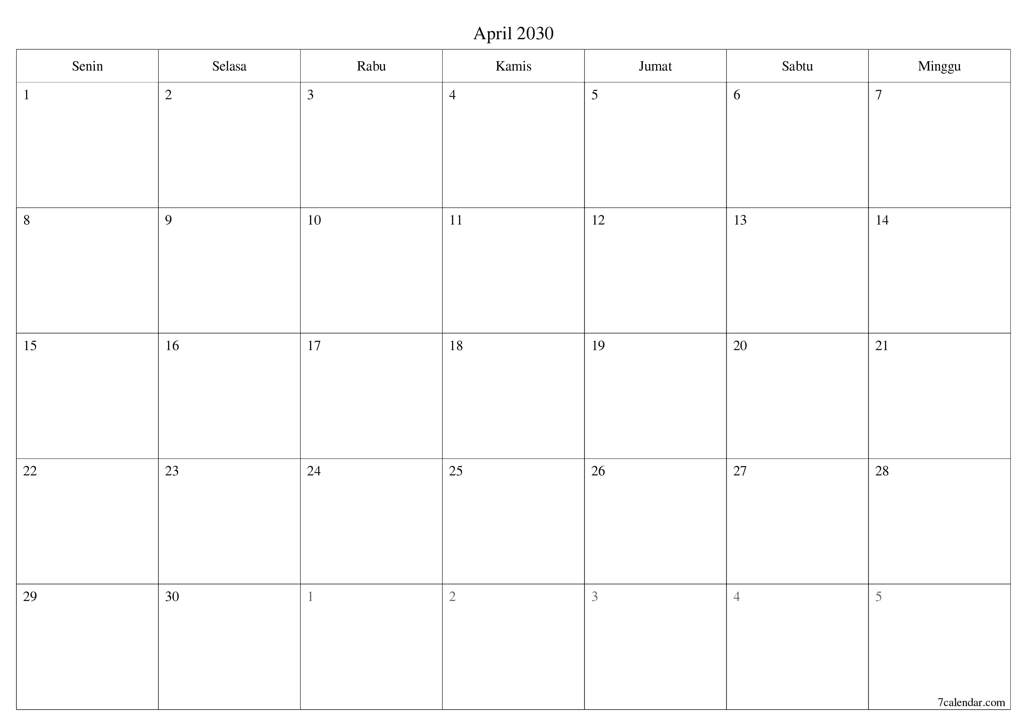 Kosongkan agenda bulanan untuk bulan April 2030 dengan catatan, simpan dan cetak ke PDF PNG Indonesian