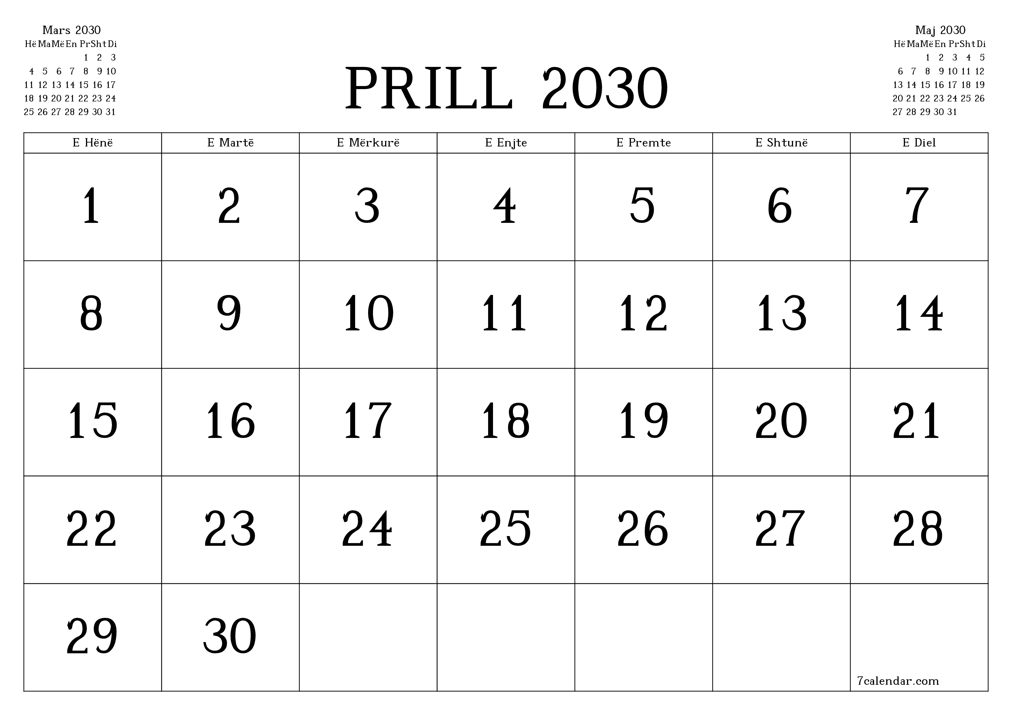  i printueshëm muri shabllon falashorizontale mujore kalendar Prill (Pri) 2030