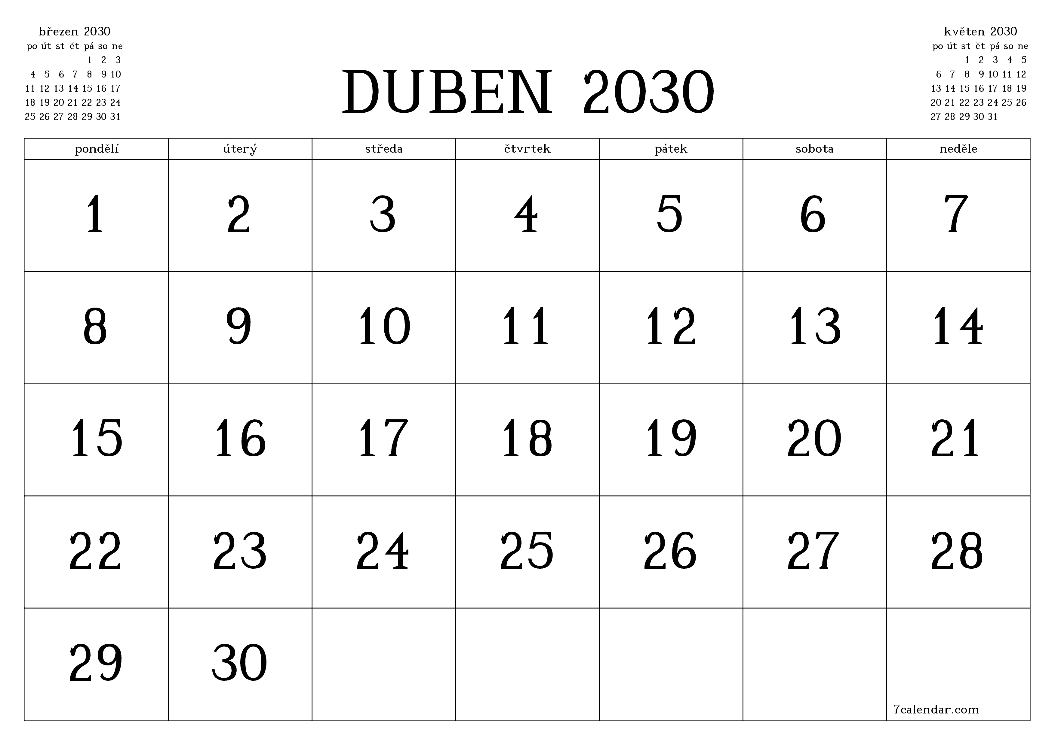 Vyprázdnit měsíční plánovač na měsíc duben 2030 s poznámkami, uložit a vytisknout do PDF PNG Czech