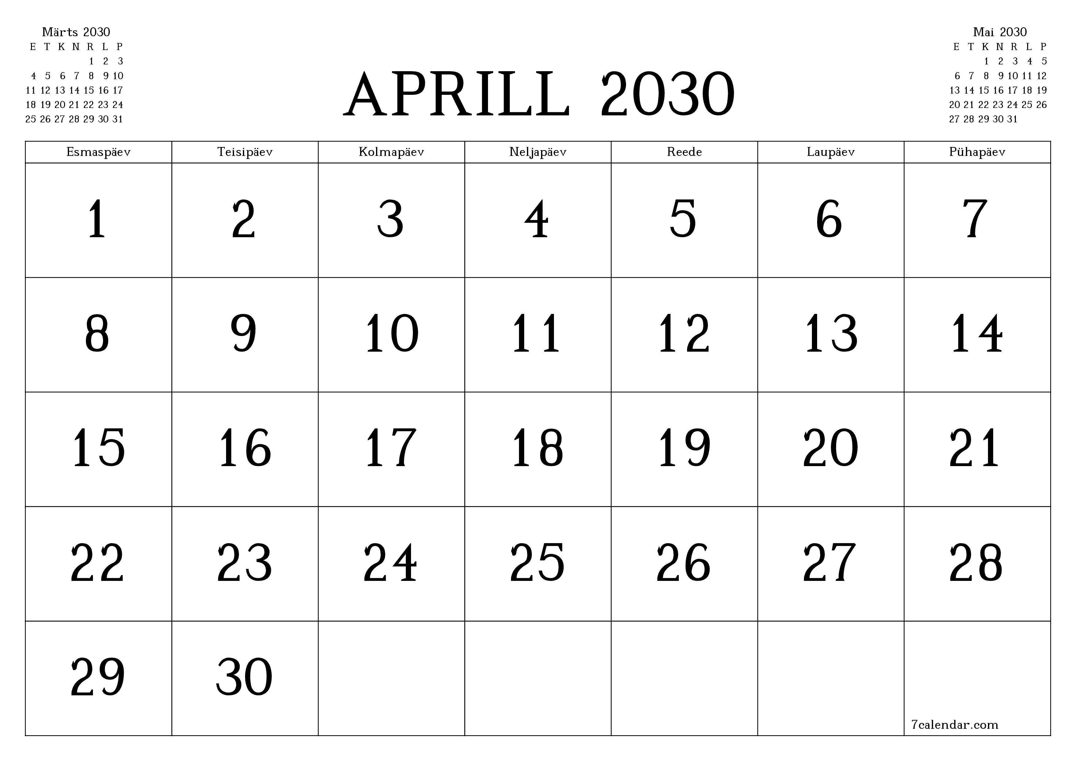 Tühjendage kuu Aprill 2030 kuuplaneerija märkmetega, salvestage ja printige PDF-i PNG Estonian