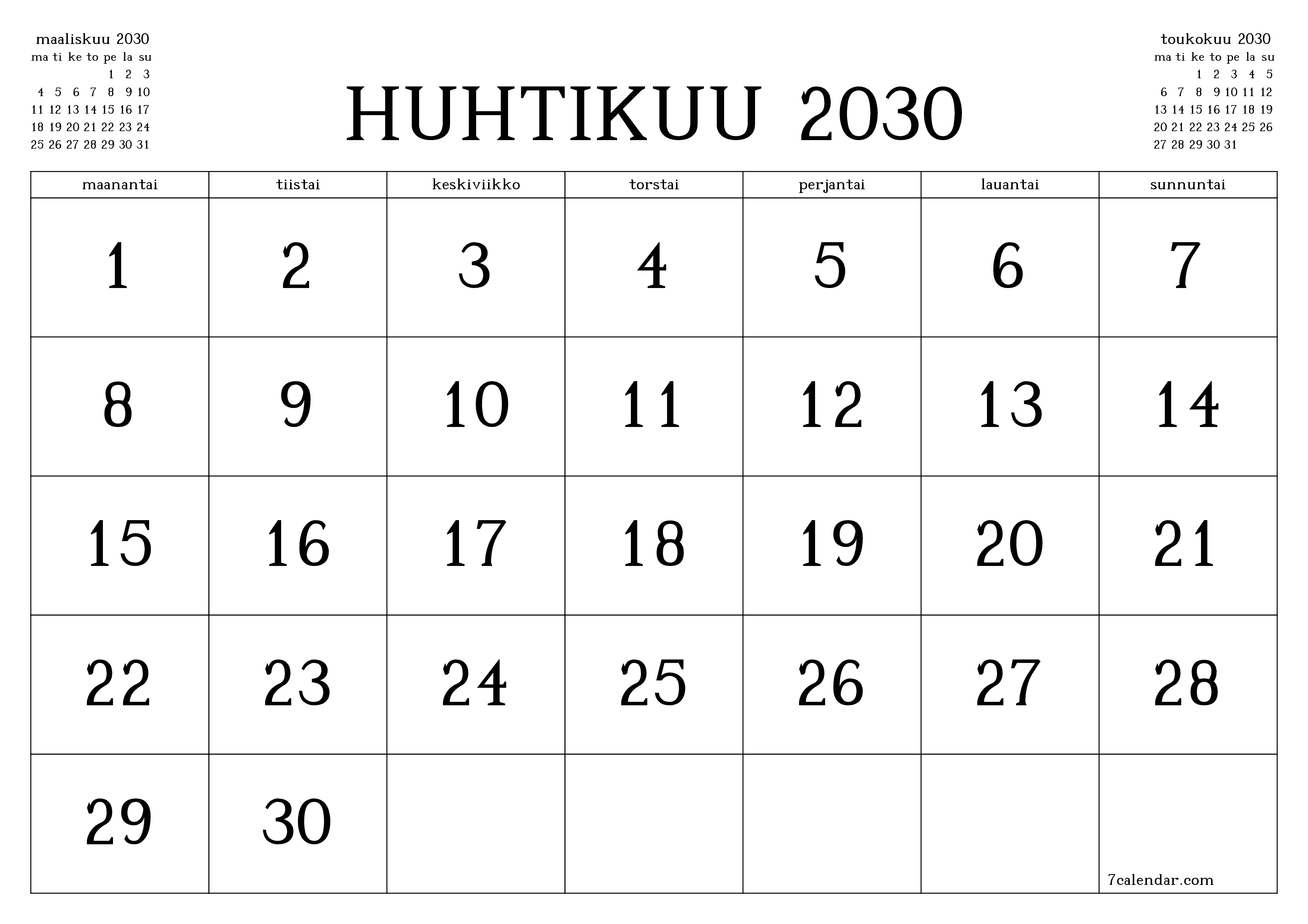 Tyhjennä kuukausittainen suunnittelija kuukaudelle Huhtikuu 2030 muistiinpanoilla, tallenna ja tulosta PDF-muotoon PNG Finnish