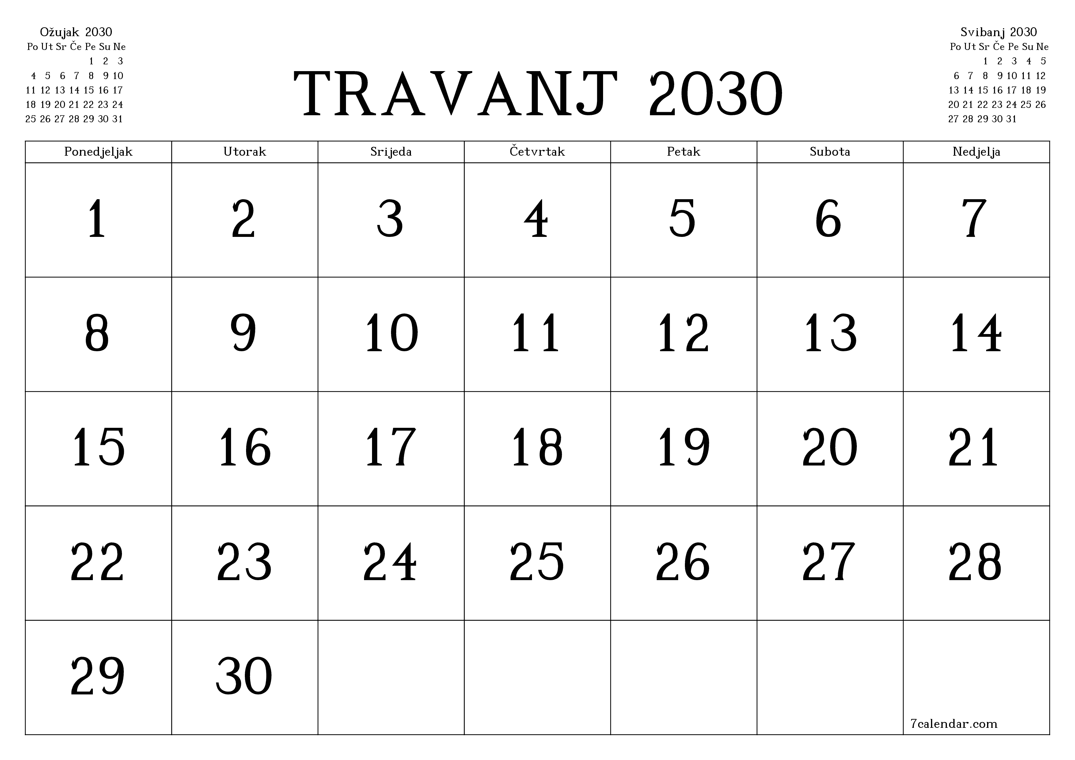 Ispraznite mjesečni planer za mjesec Travanj 2030 s bilješkama, spremite i ispišite u PDF PNG Croatian