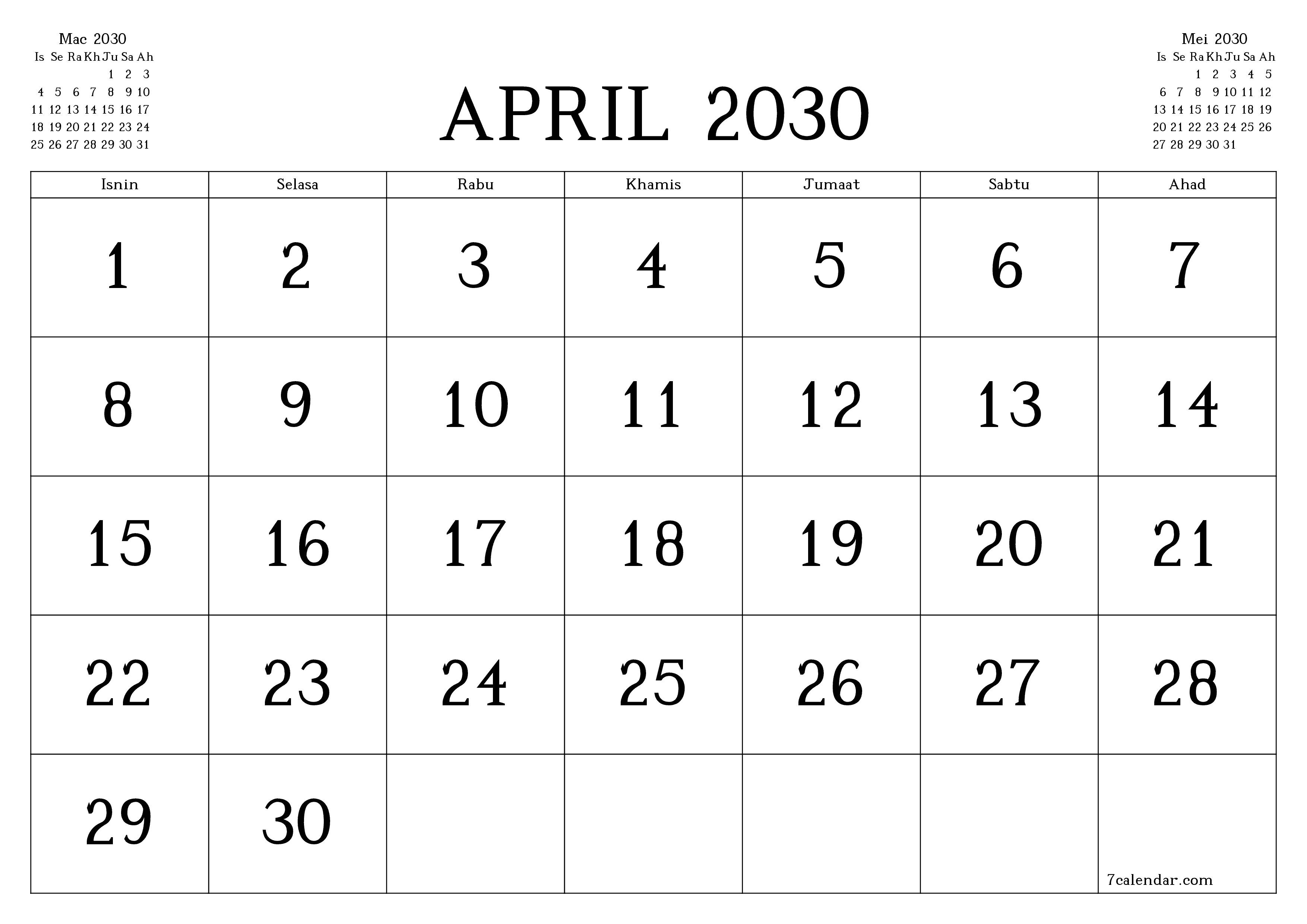 Perancang bulanan kosong untuk bulan April 2030 dengan nota, simpan dan cetak ke PDF PNG Malay