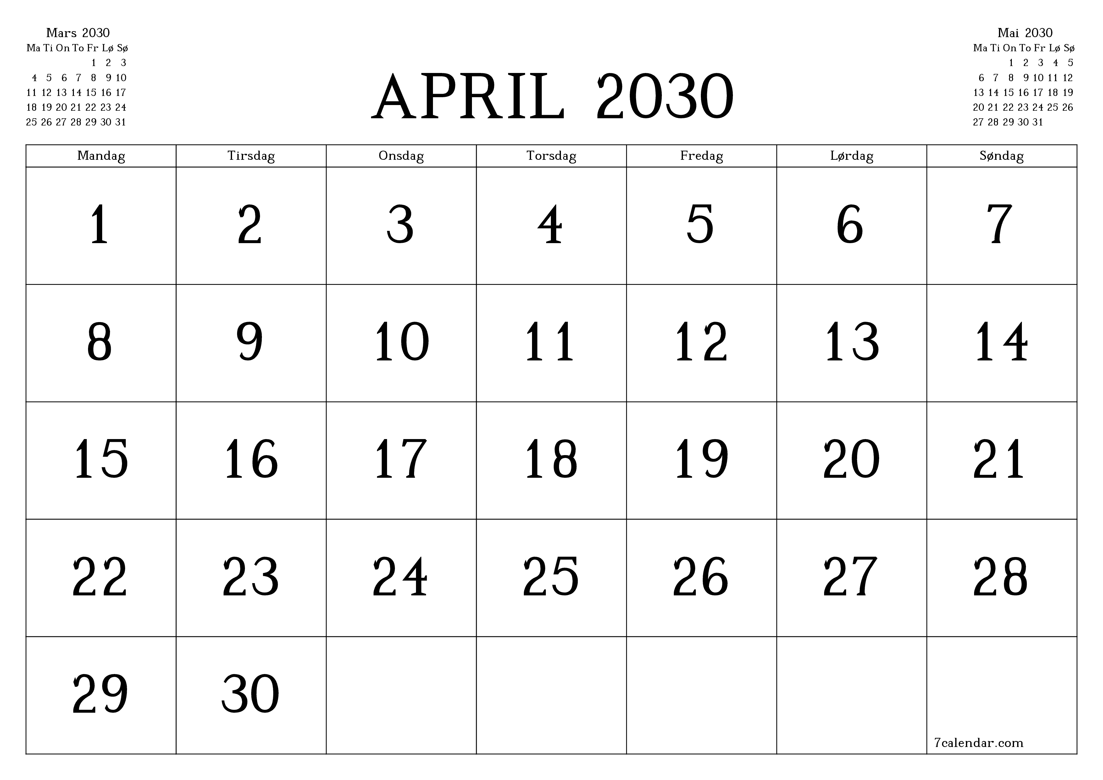 Tom månedlig planlegger for måned April 2030 med notater, lagre og skriv ut til PDF PNG Norwegian
