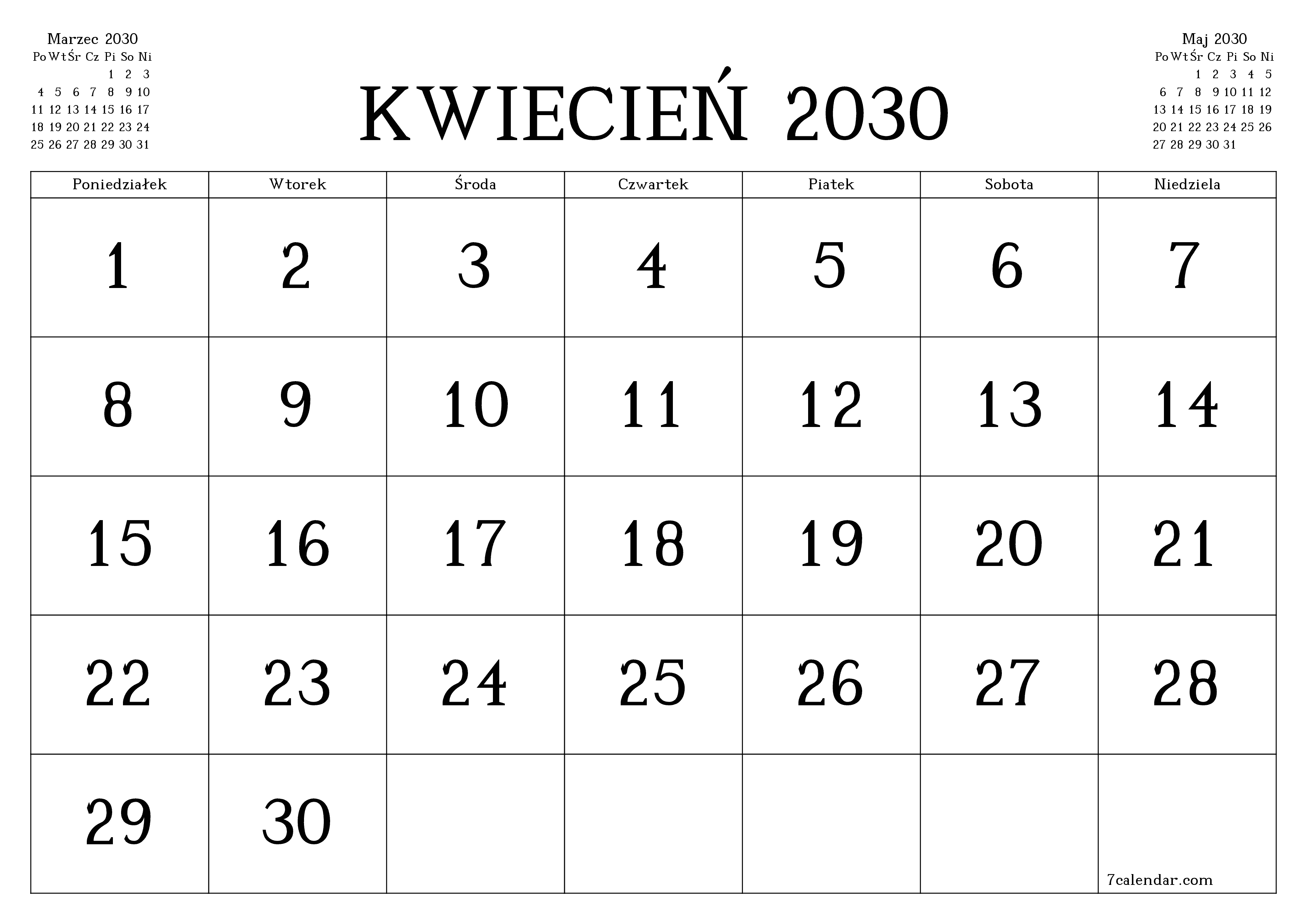 Opróżnij miesięczny planer na miesiąc Kwiecień 2030 z notatkami, zapisz i wydrukuj w formacie PDF PNG Polish