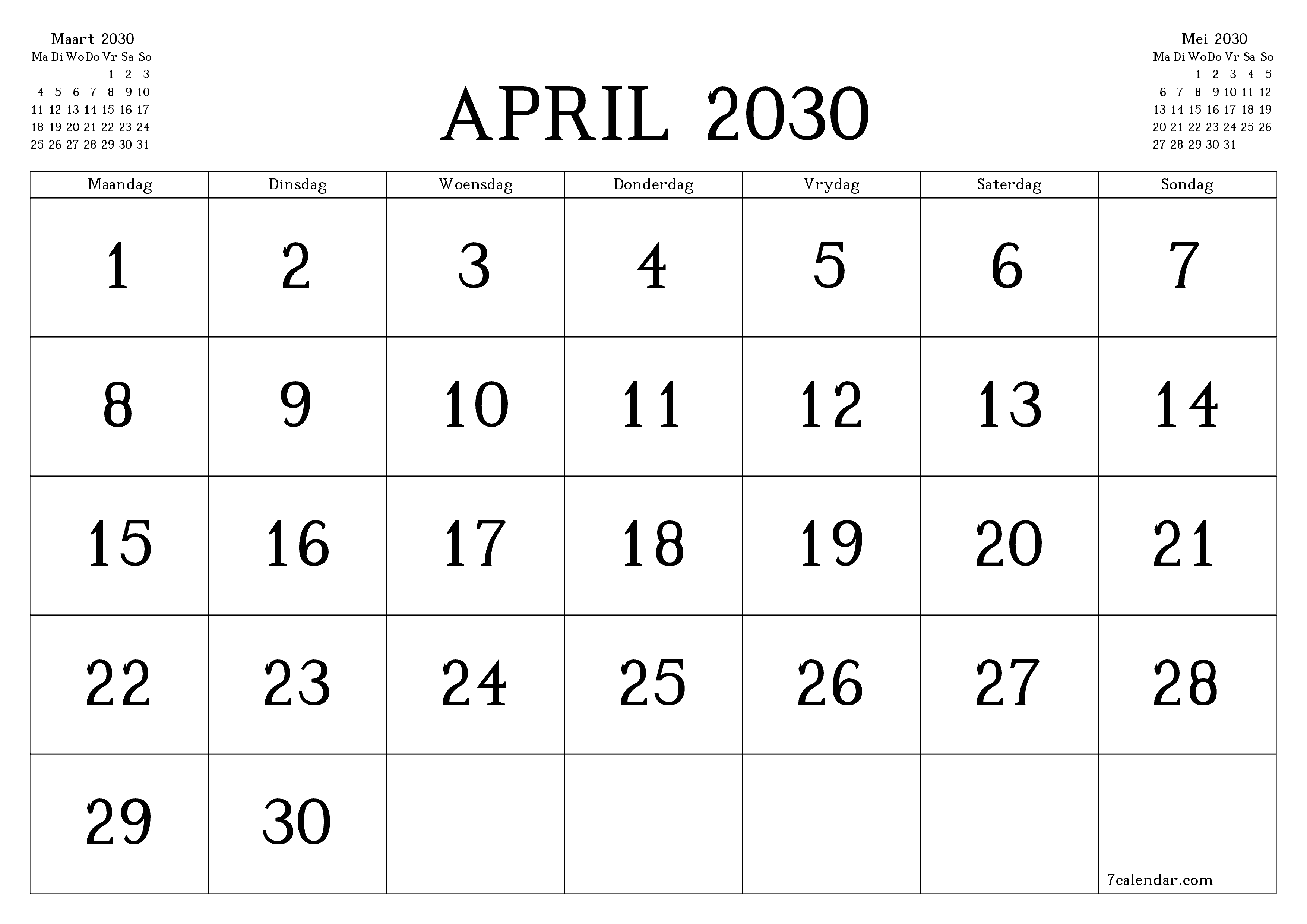 Leë maandelikse drukbare kalender en beplanner vir maand April 2030 met notas stoor en druk na PDF PNG Afrikaans