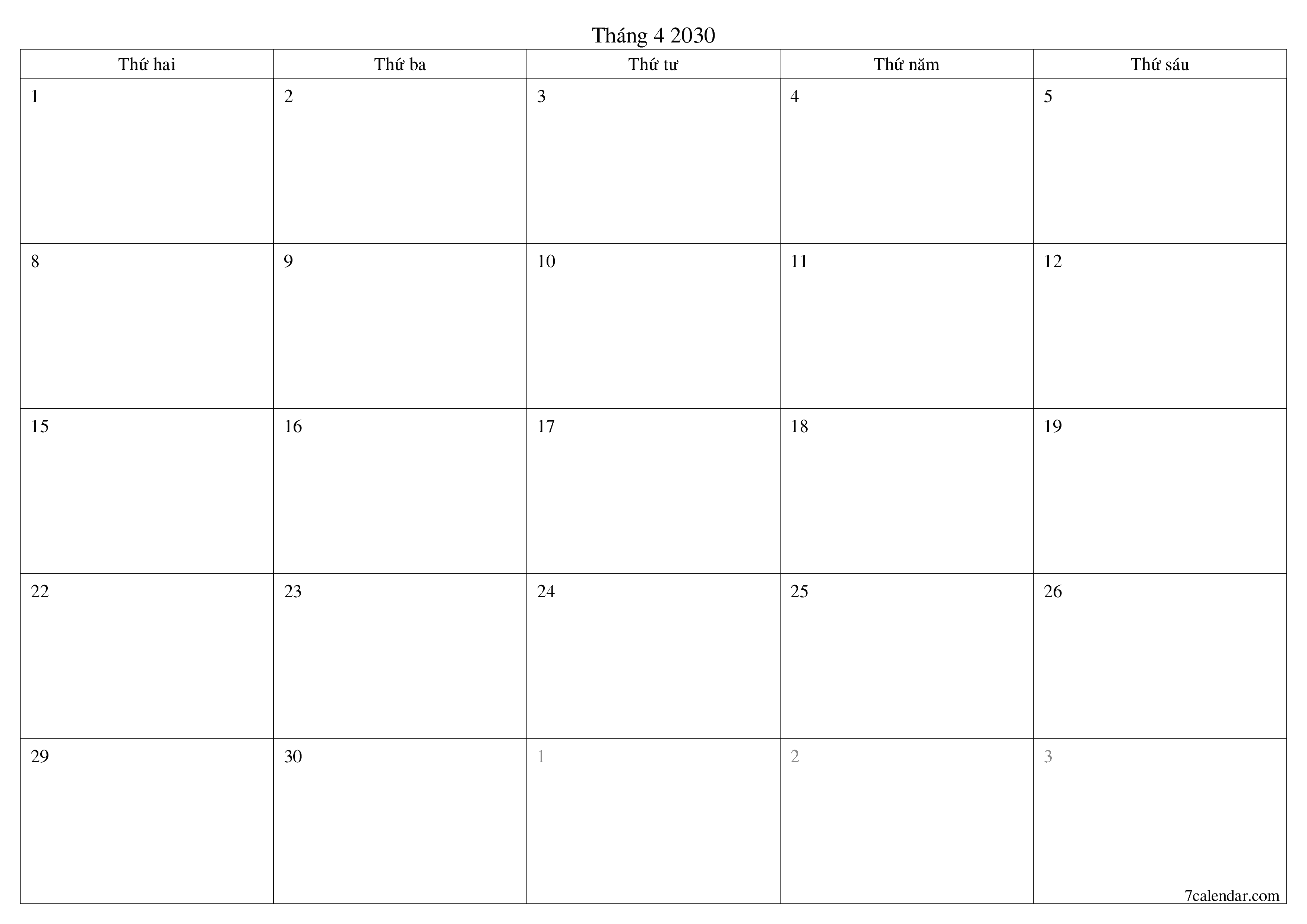 Công cụ lập kế hoạch hàng tháng trống cho tháng Tháng 4 2030 có ghi chú, lưu và in sang PDF PNG Vietnamese