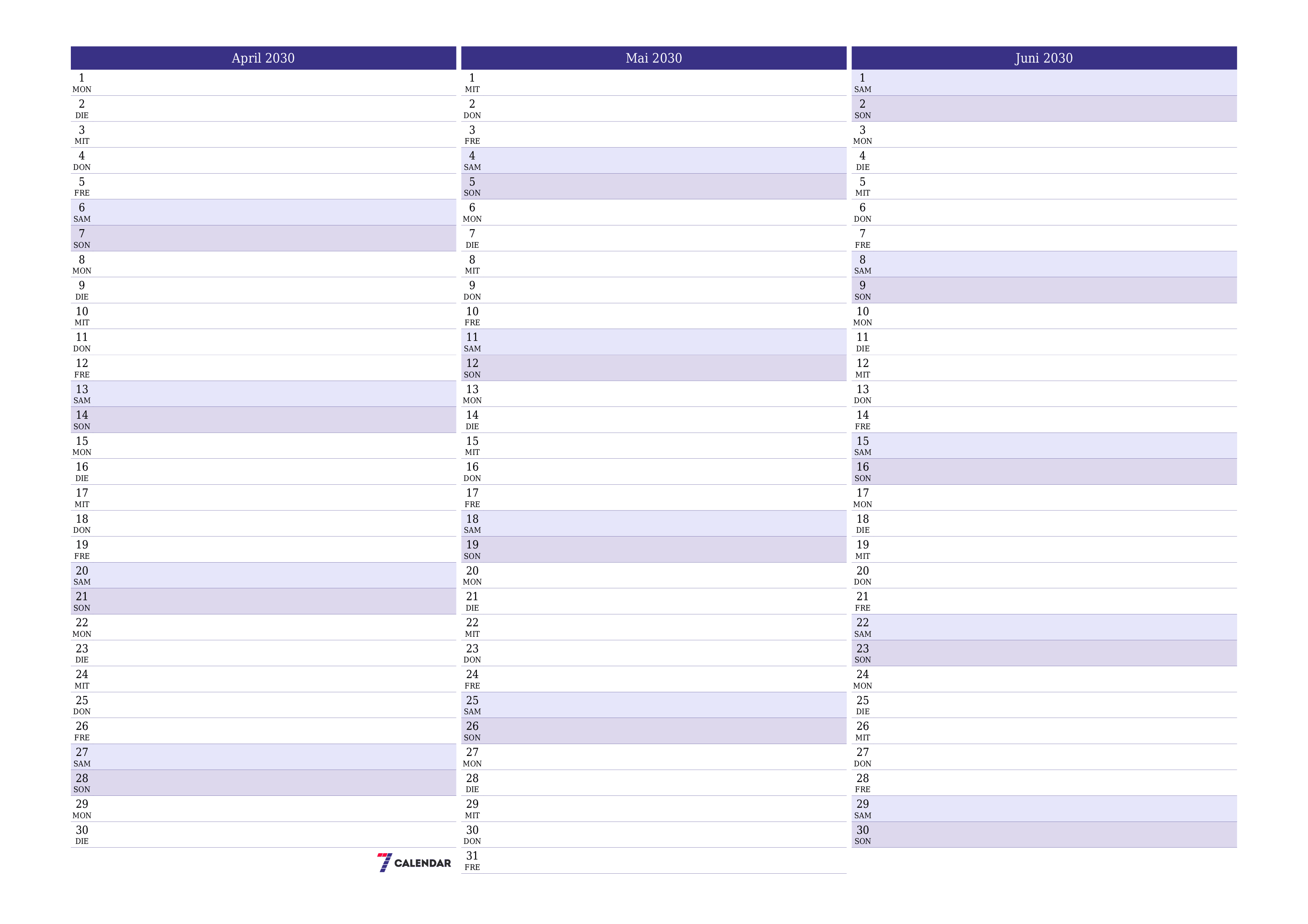 Monatsplaner für Monat April 2030 mit Notizen leeren, speichern und als PDF PNG German - 7calendar.com drucken