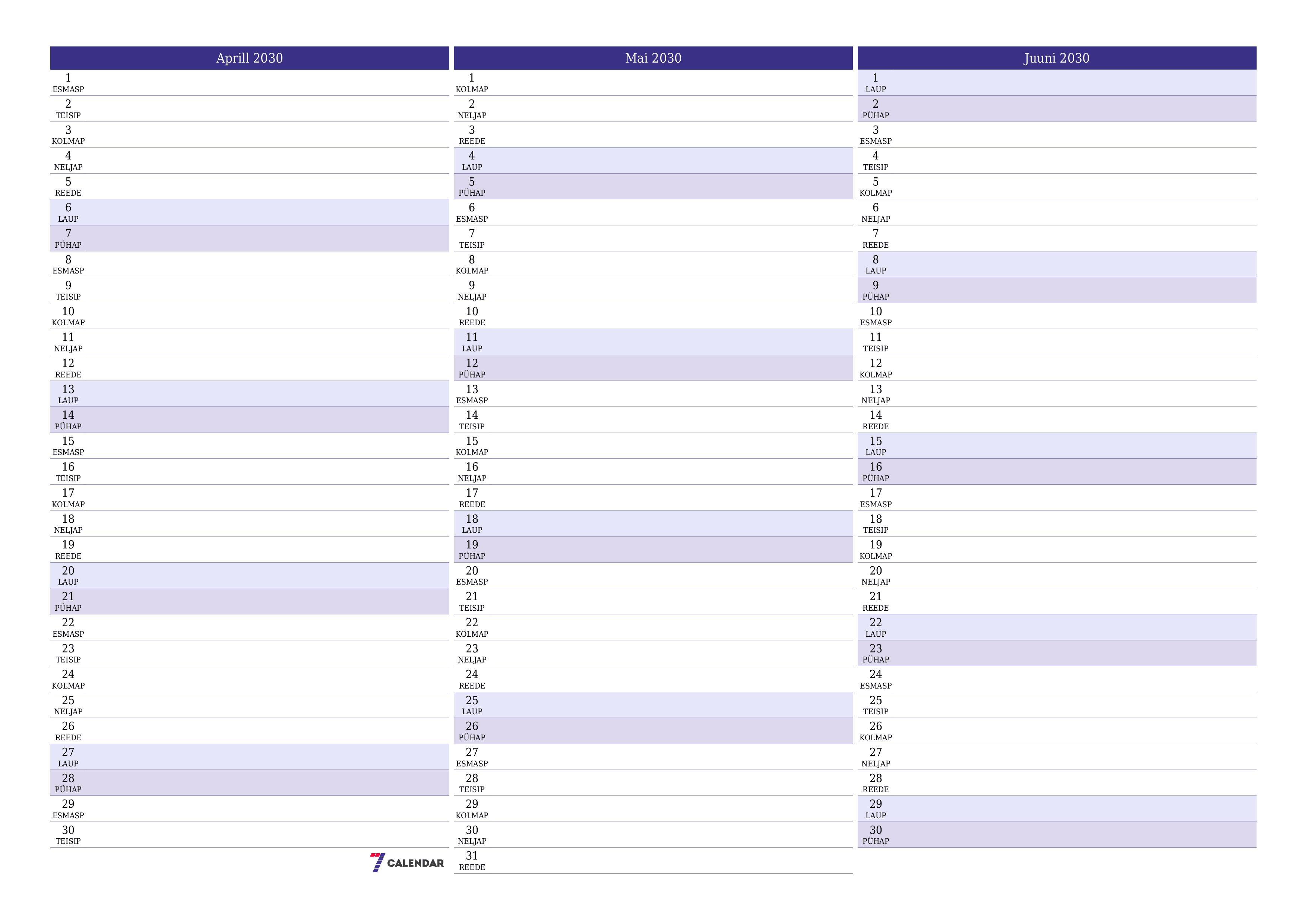Tühjendage kuu Aprill 2030 kuuplaneerija märkmetega, salvestage ja printige PDF-i PNG Estonian