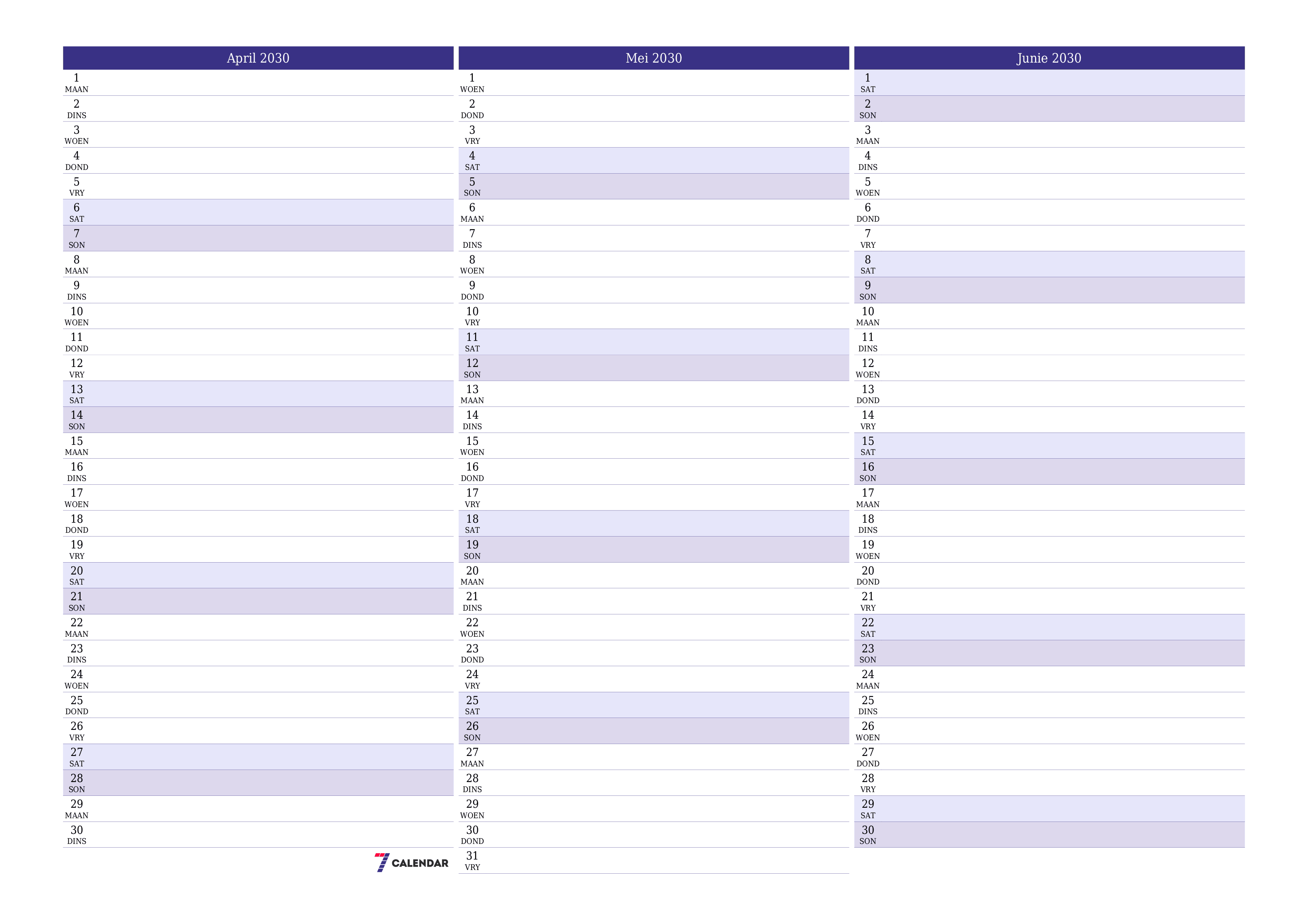 Leë maandelikse drukbare kalender en beplanner vir maand April 2030 met notas stoor en druk na PDF PNG Afrikaans