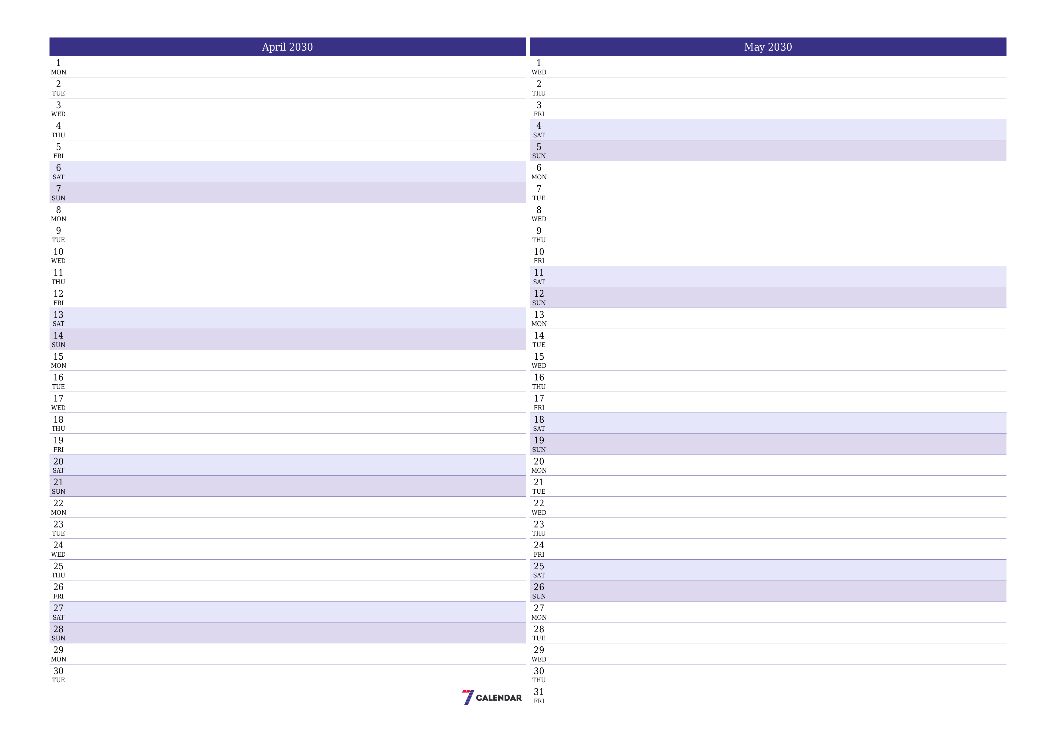 Blank calendar April 2030