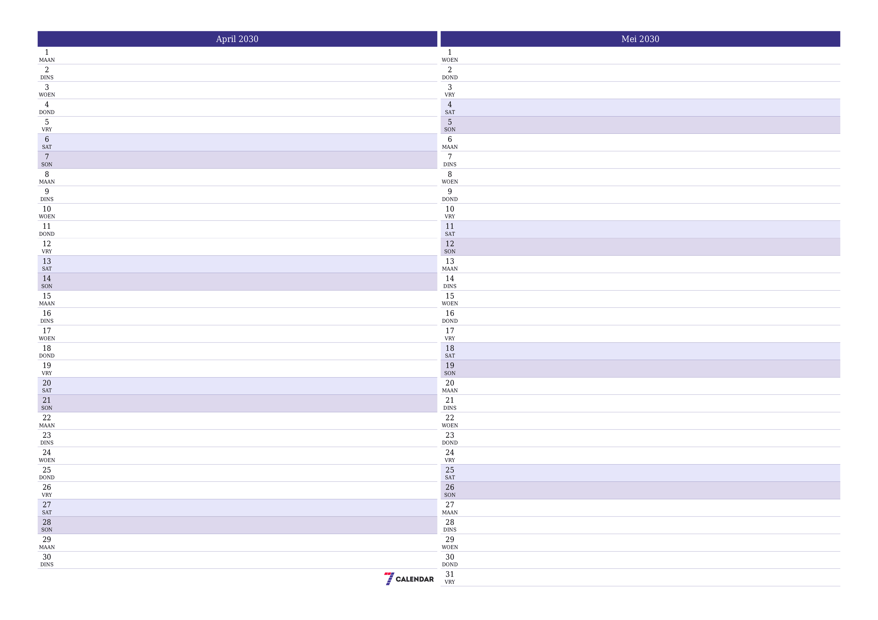 Leë maandelikse drukbare kalender en beplanner vir maand April 2030 met notas stoor en druk na PDF PNG Afrikaans
