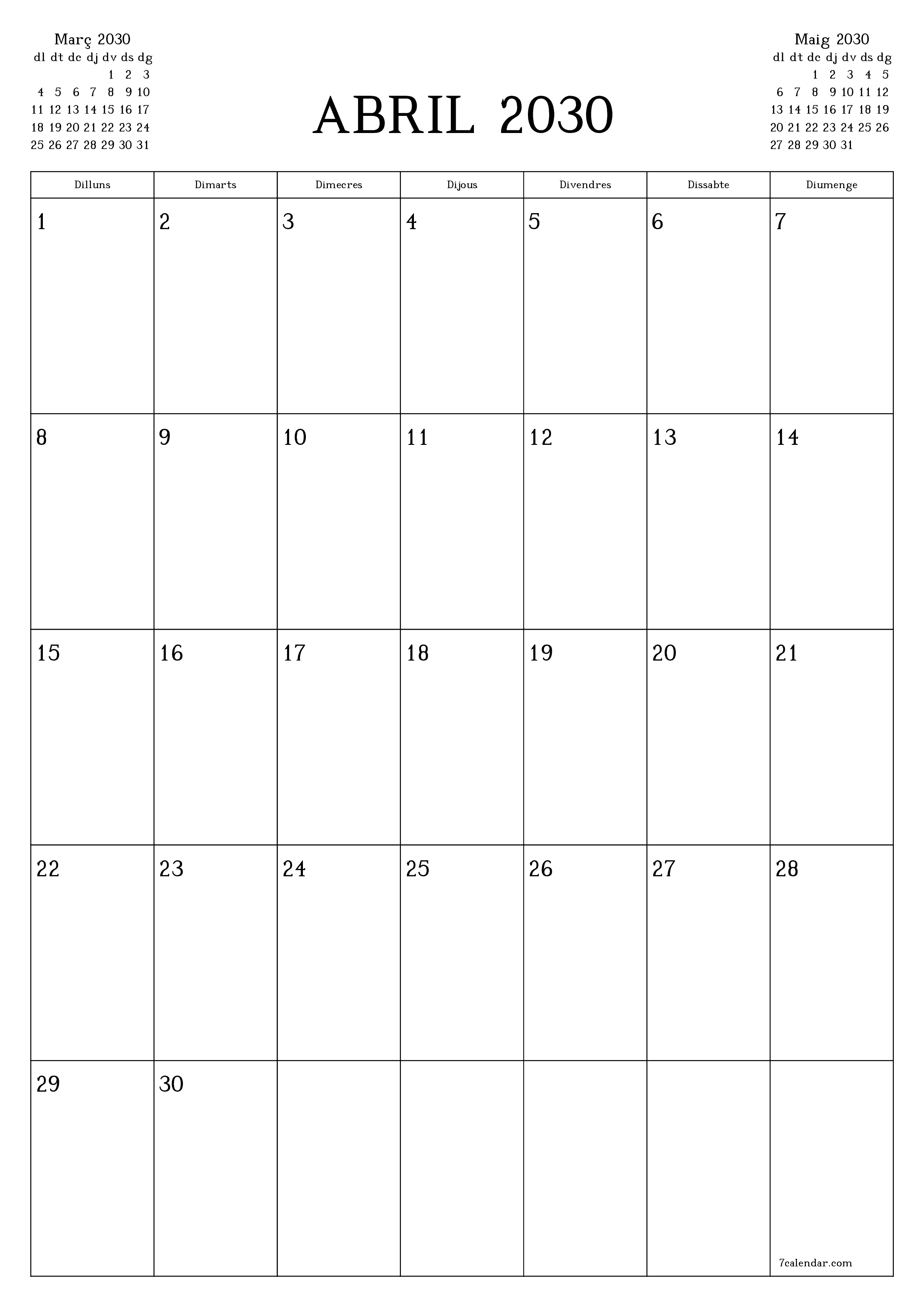  imprimible de paret plantilla de gratuïtvertical Mensual planificador calendari Abril (Abr) 2030