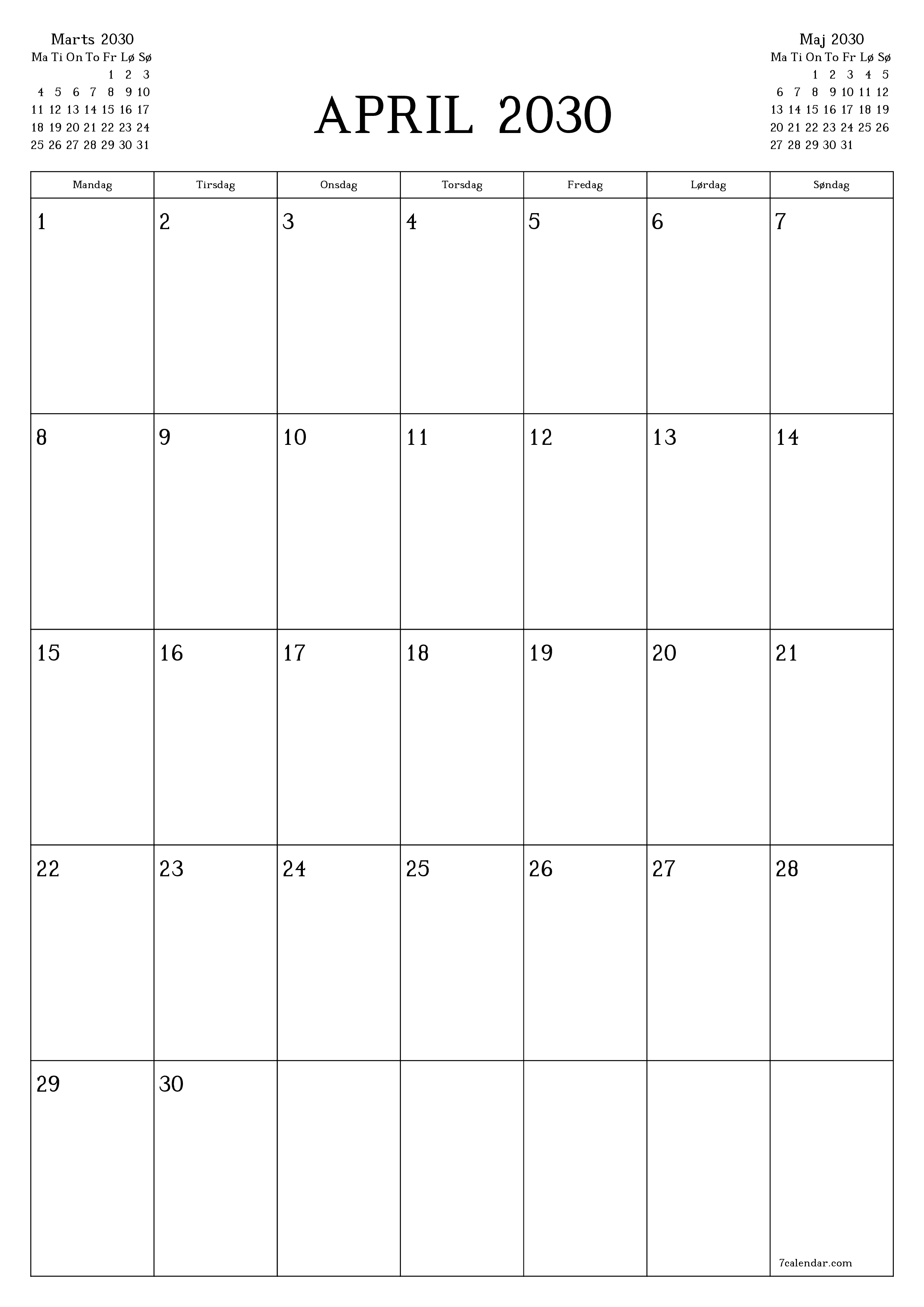 udskrivbar væg skabelon gratis lodret Månedlig planlægger kalender April (Apr) 2030