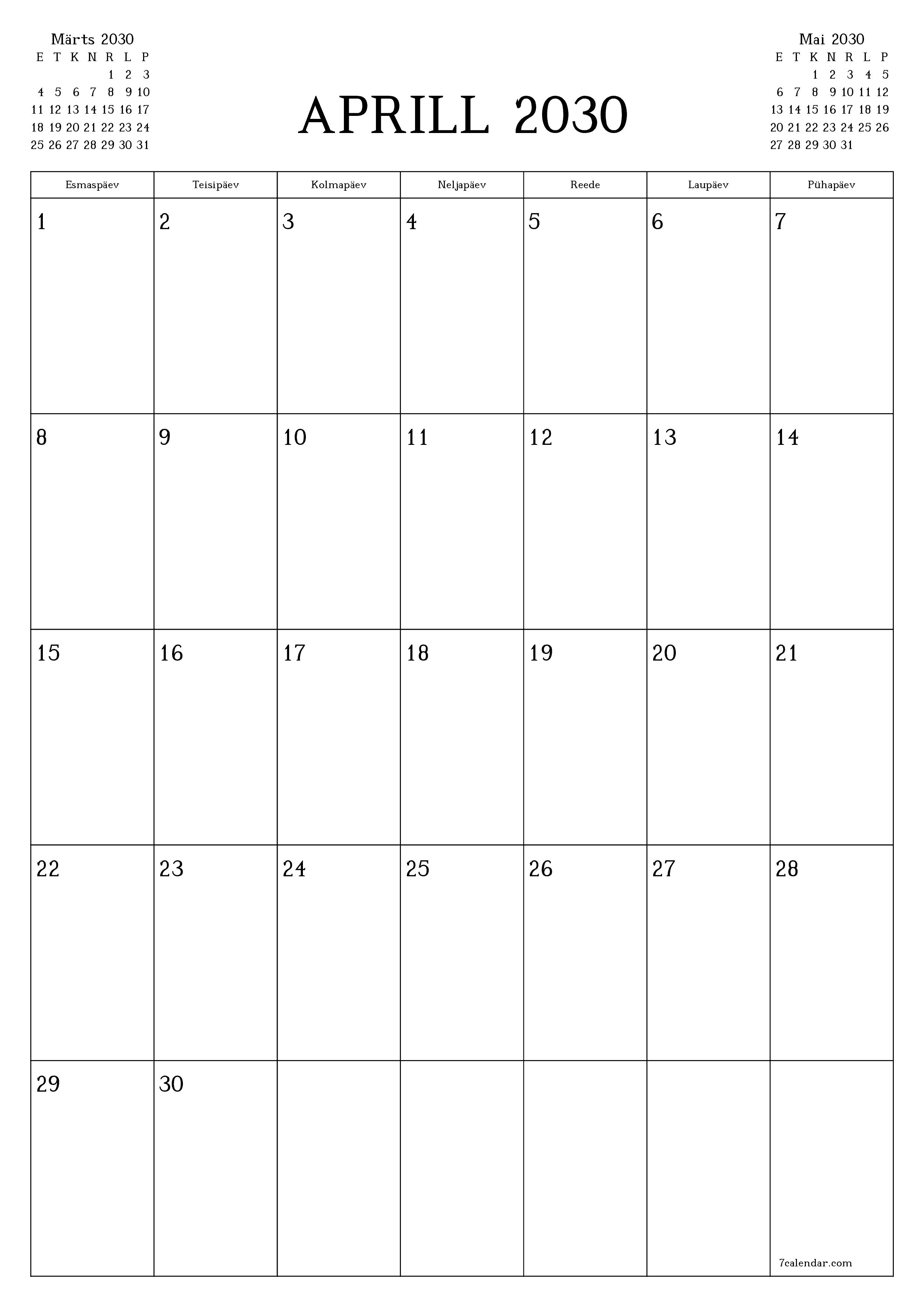 prinditav seina kalendri mall tasuta vertikaalne Igakuine planeerija kalender Aprill (Apr) 2030