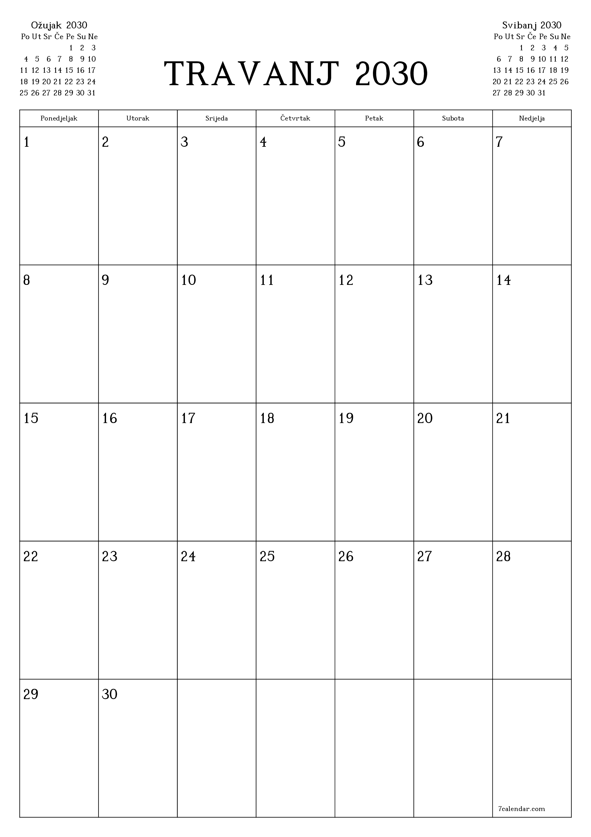  za ispis zidni predložak a besplatni okomito Mjesečni planer kalendar Travanj (Tra) 2030