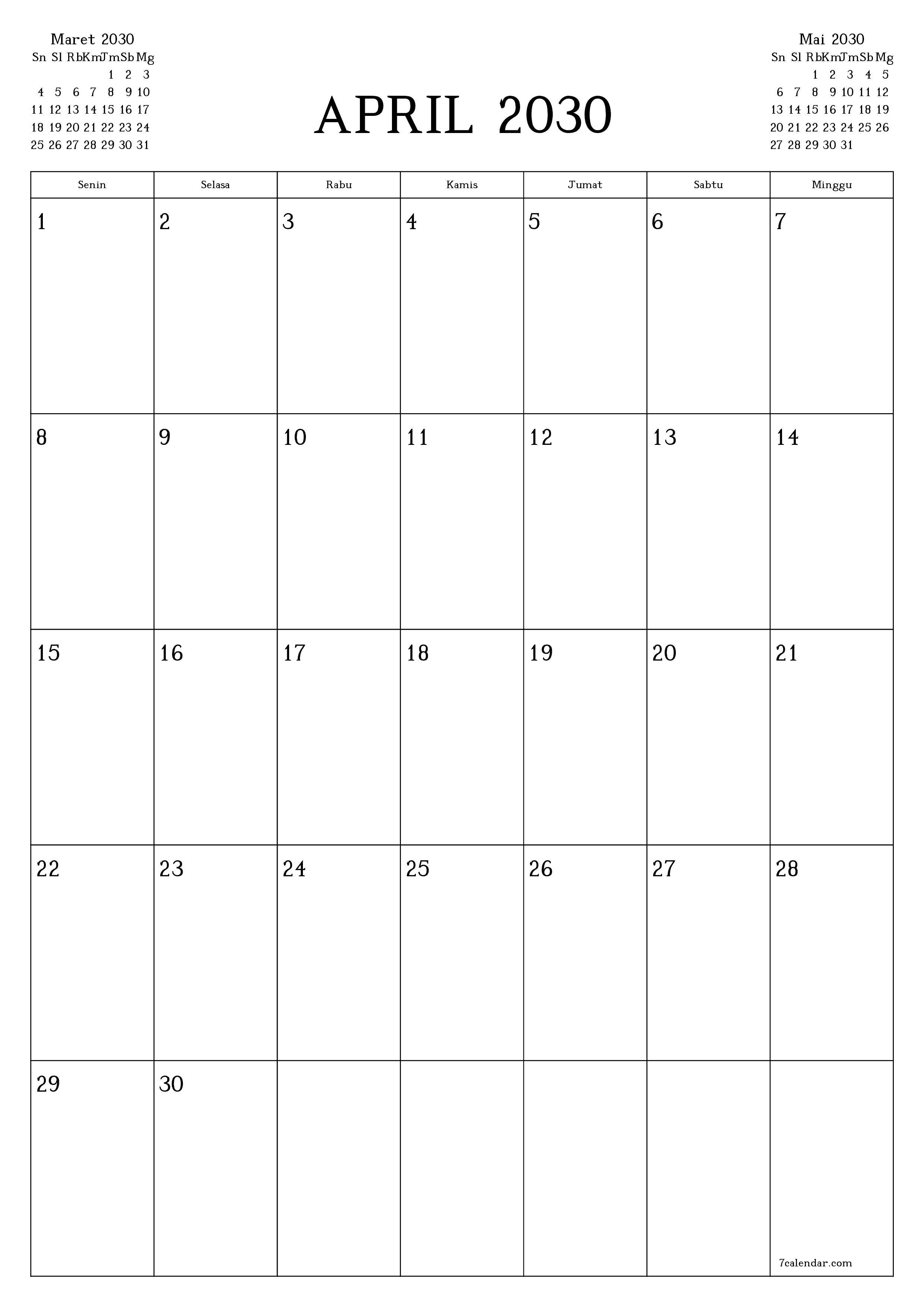 Kosongkan agenda bulanan untuk bulan April 2030 dengan catatan, simpan dan cetak ke PDF PNG Indonesian