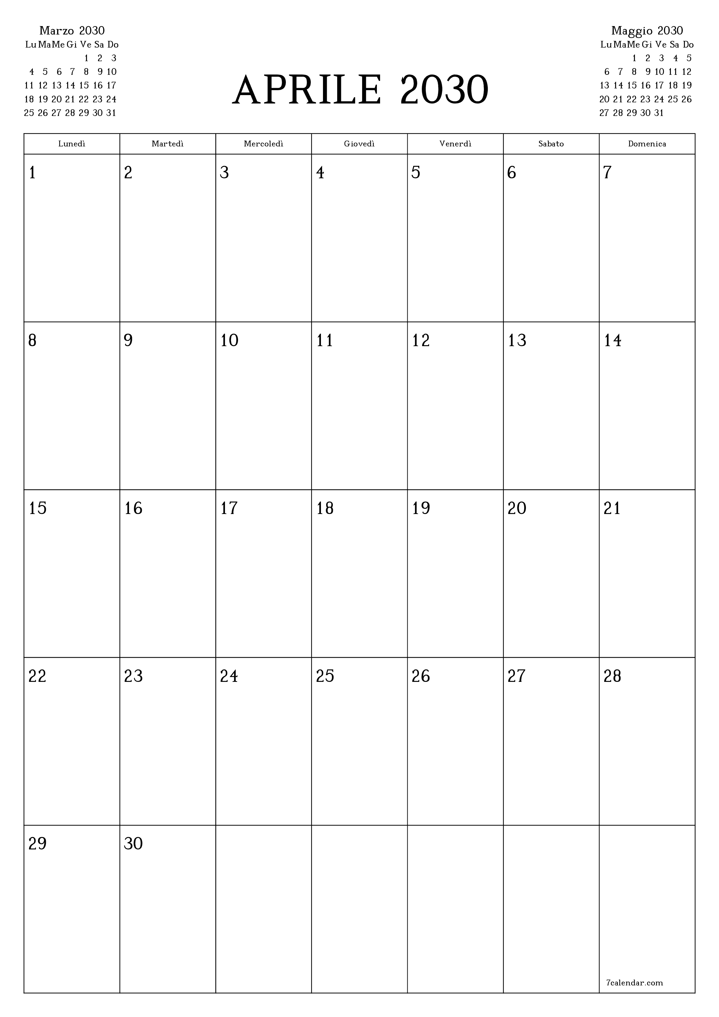 Pianificatore mensile vuoto per il mese Aprile 2030 con note, salva e stampa in PDF PNG Italian